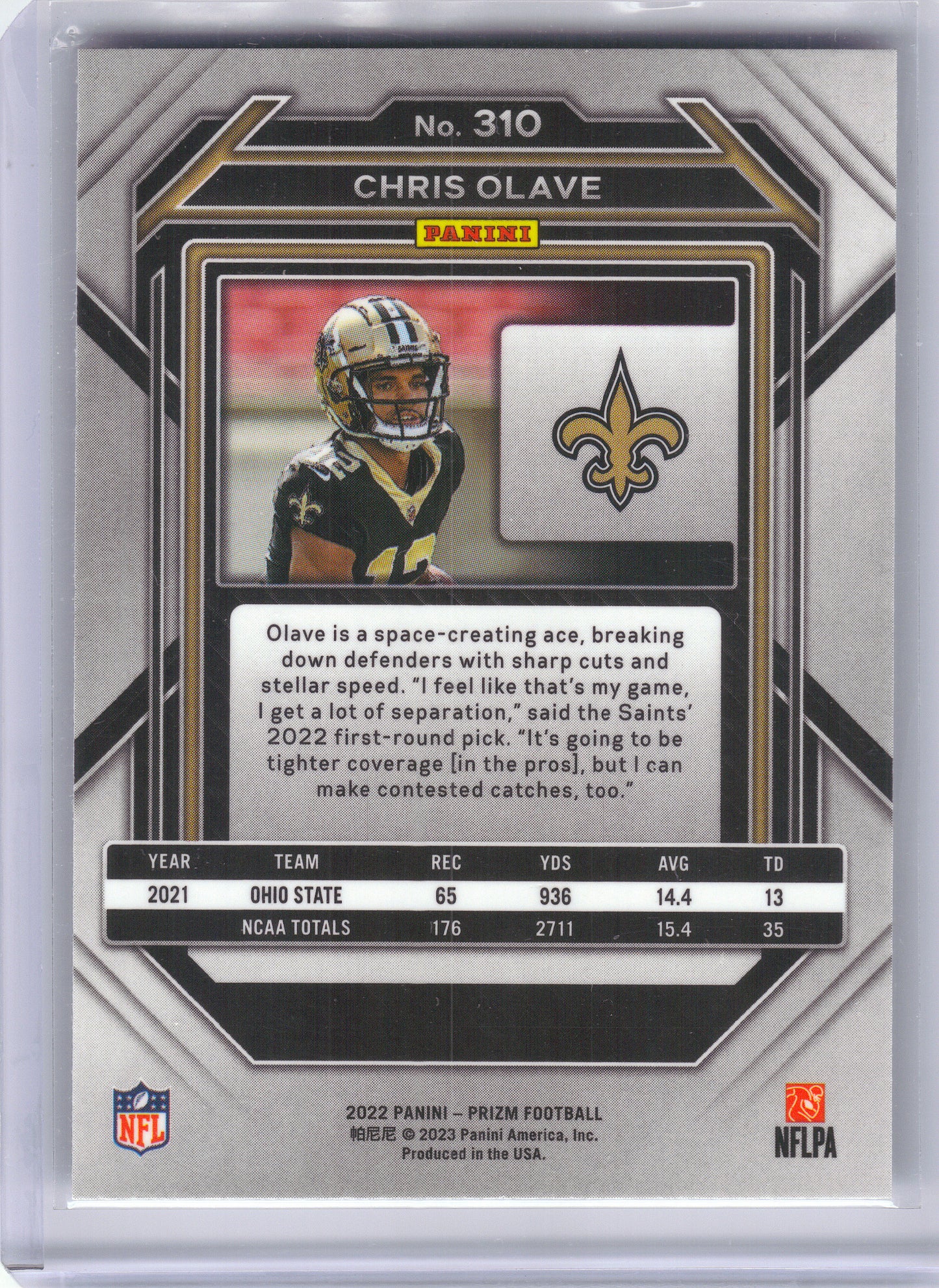2022 Panini Prizm #310 Chris Olave New Orleans Saints RC