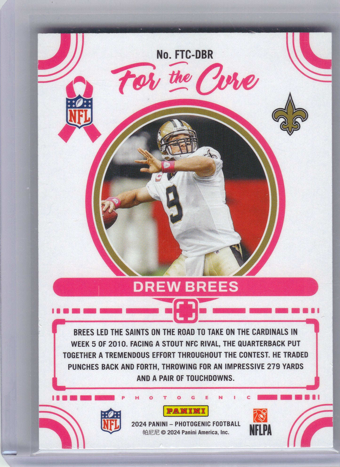 2024 Panini Photogenic #FTC-DBR Drew Brees For the Cure Purple #/75 New Orleans Saints SN