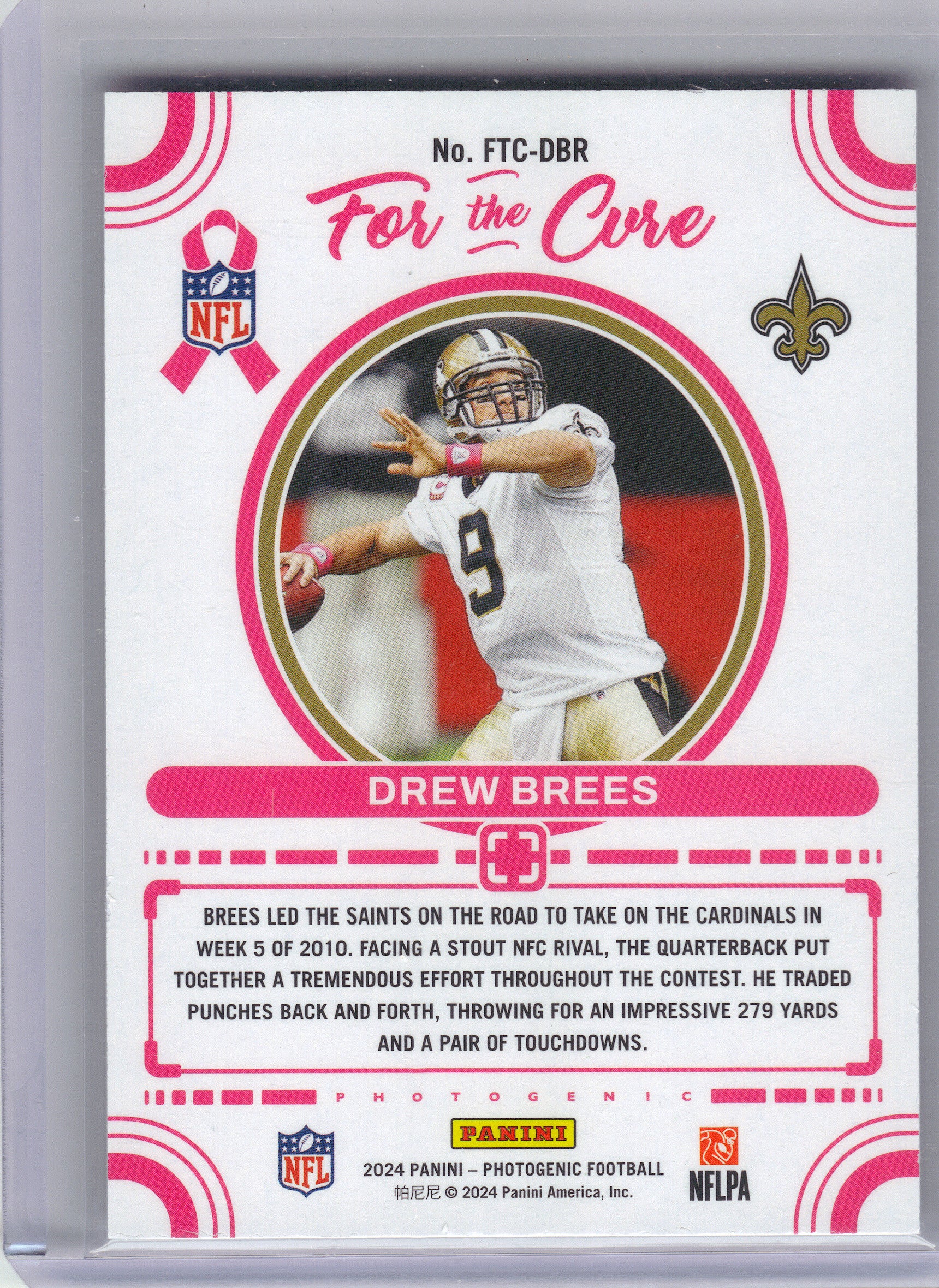 2024 Panini Photogenic #FTC-DBR Drew Brees For the Cure Purple #/75 New Orleans Saints SN