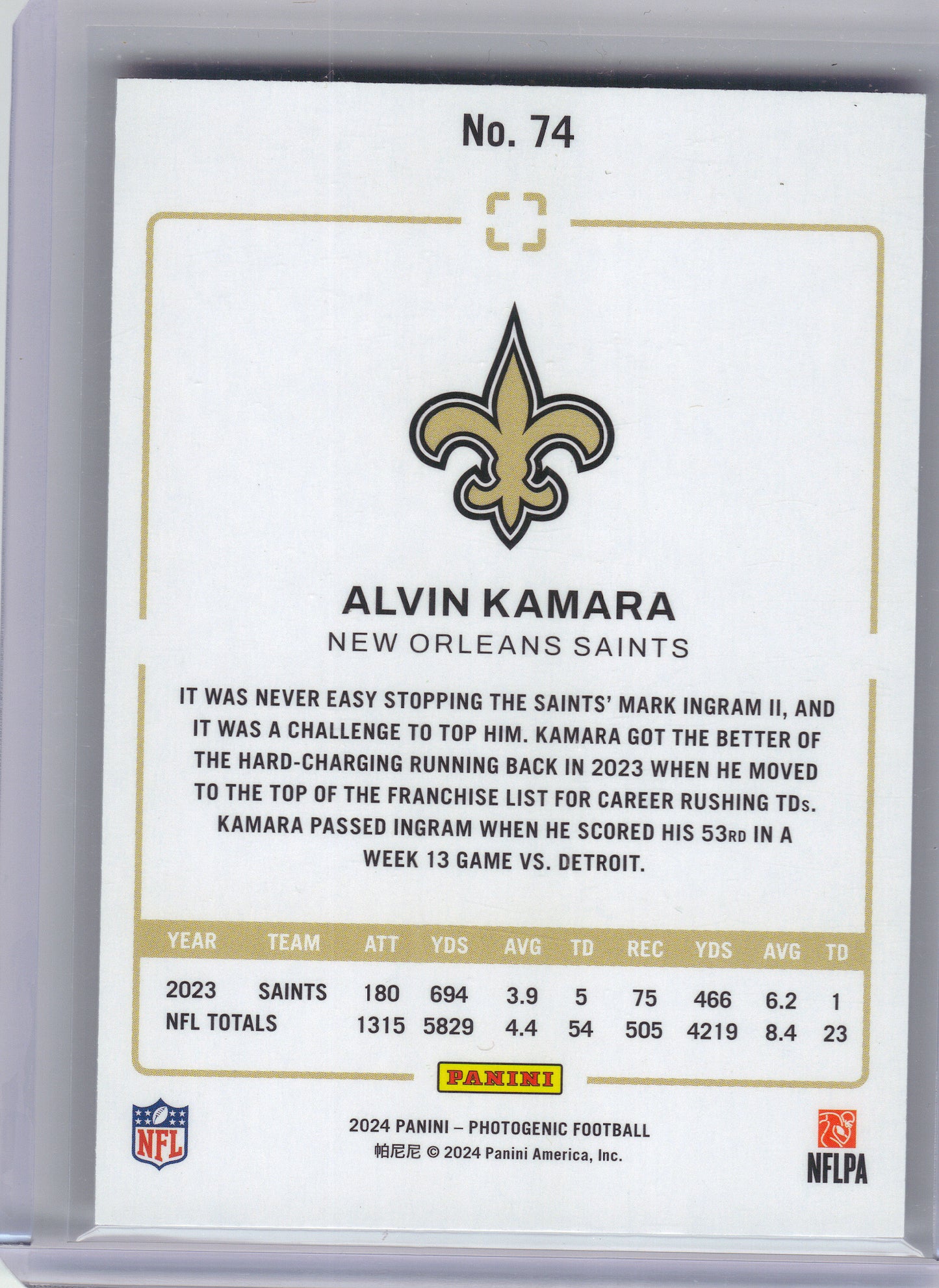2024 Panini Photogenic #74 Alvin Kamara New Orleans Saints