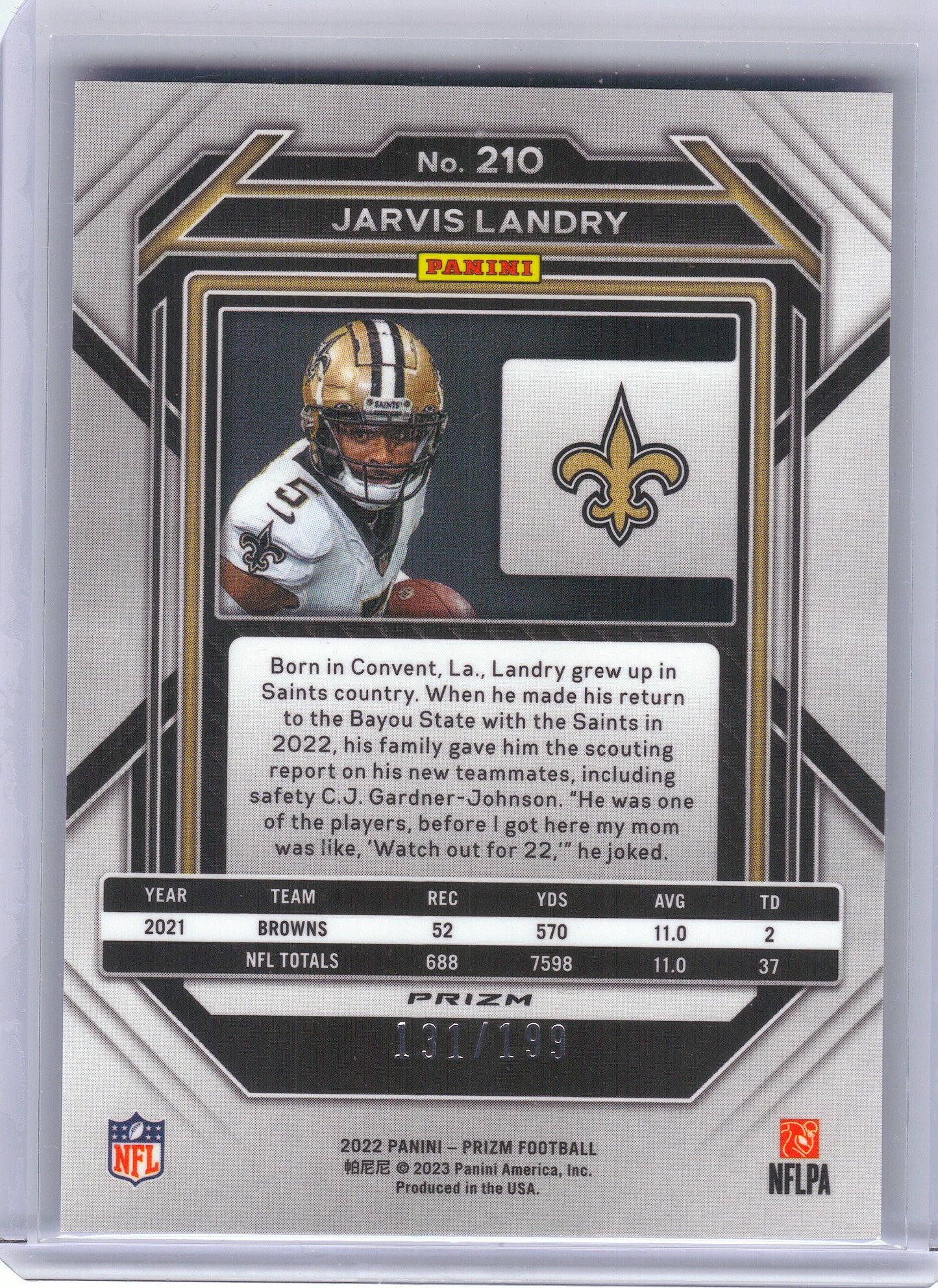 2022 Panini Prizm #210 Jarvis Landry Blue Wave #/199 New Orleans Saints SN