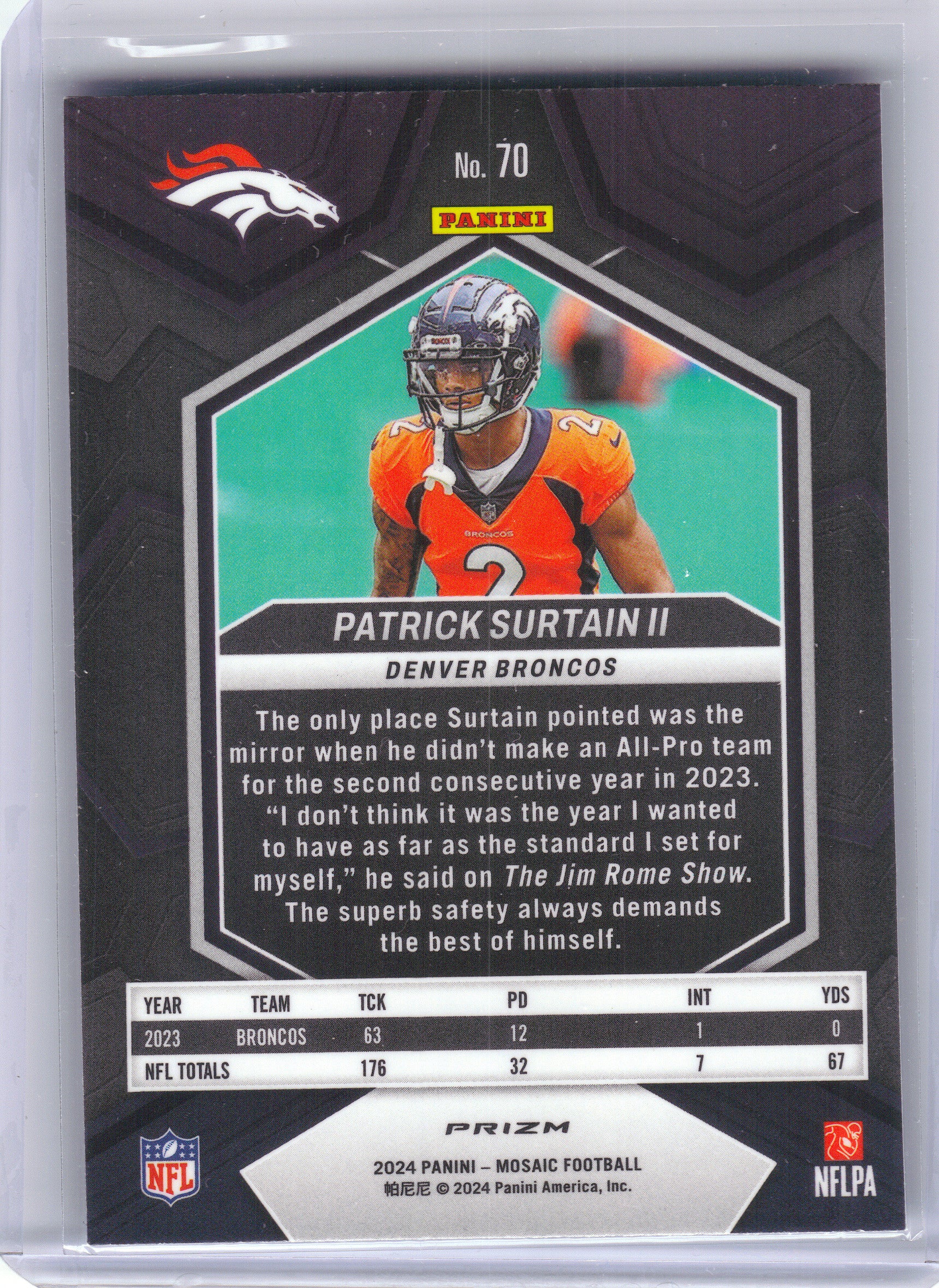 2024 Panini Mosaic #70 Patrick Surtain II Mosaic Reactive Blue Denver Broncos