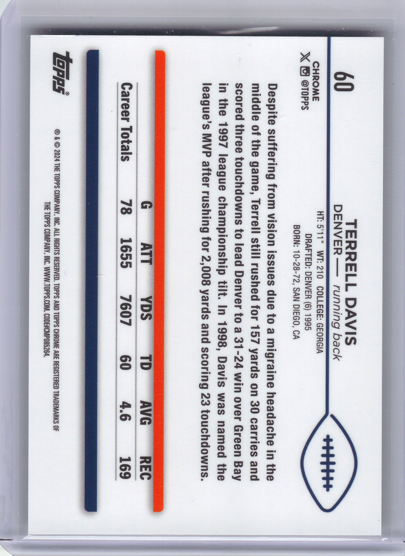 2024 Topps Chrome #60 Terrell Davis Gold Geometric Refractor #/50 Denver Broncos SN
