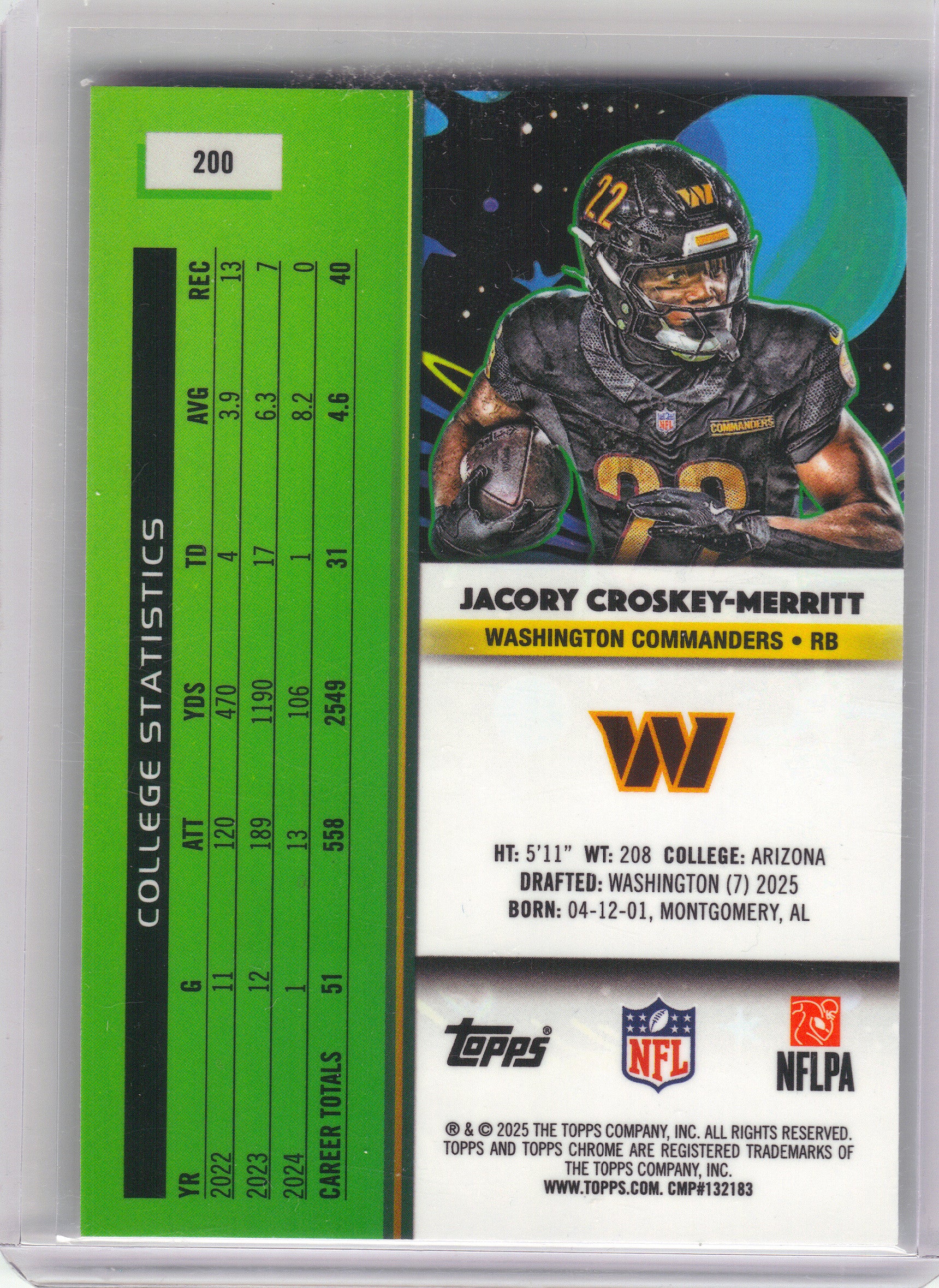 2025 Topps Chrome Cosmic #200 Jacory Croskey-Merritt Washington Commanders RC