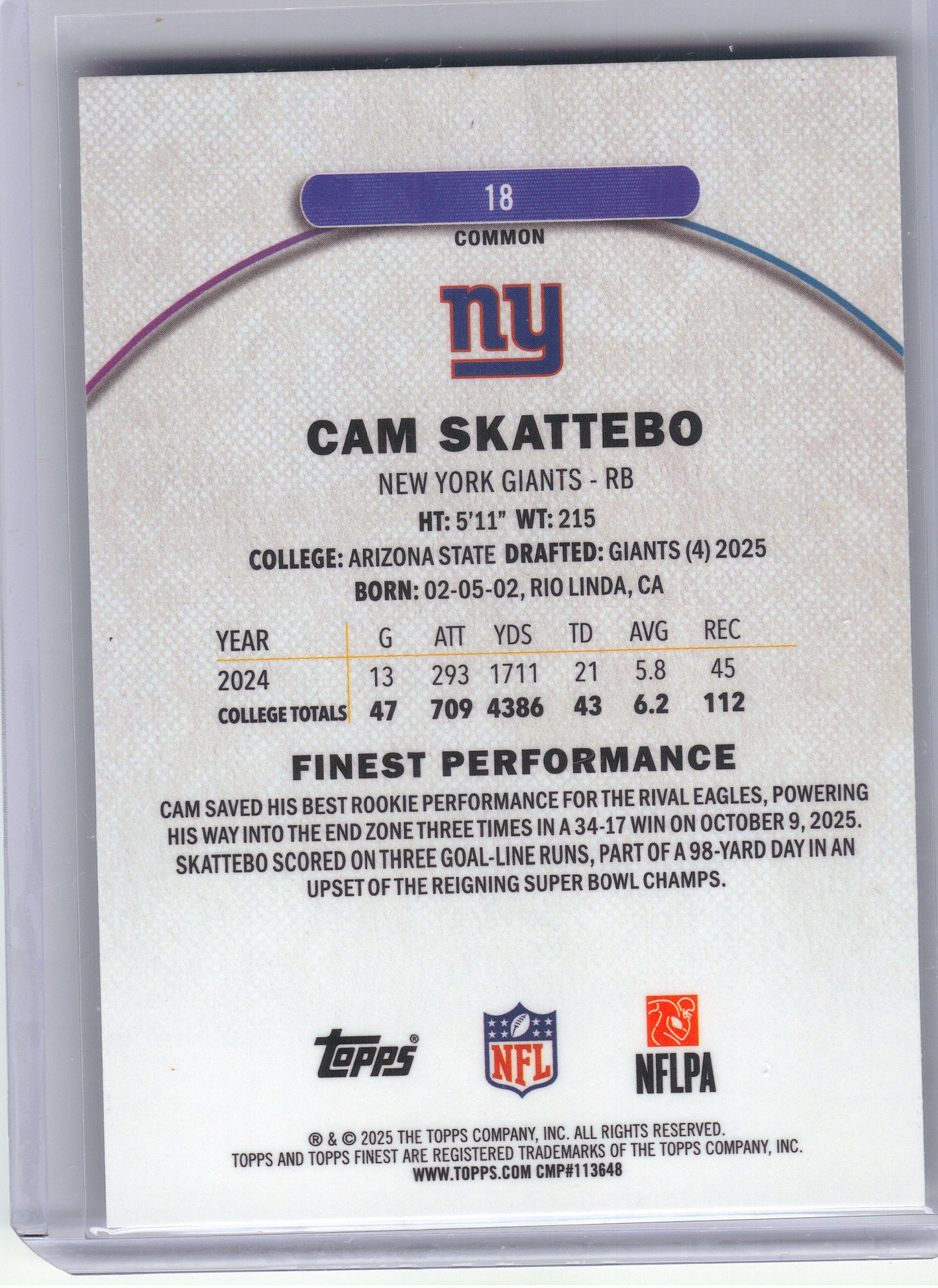 2025 Finest #18 Cam Skattebo New York Giants RC