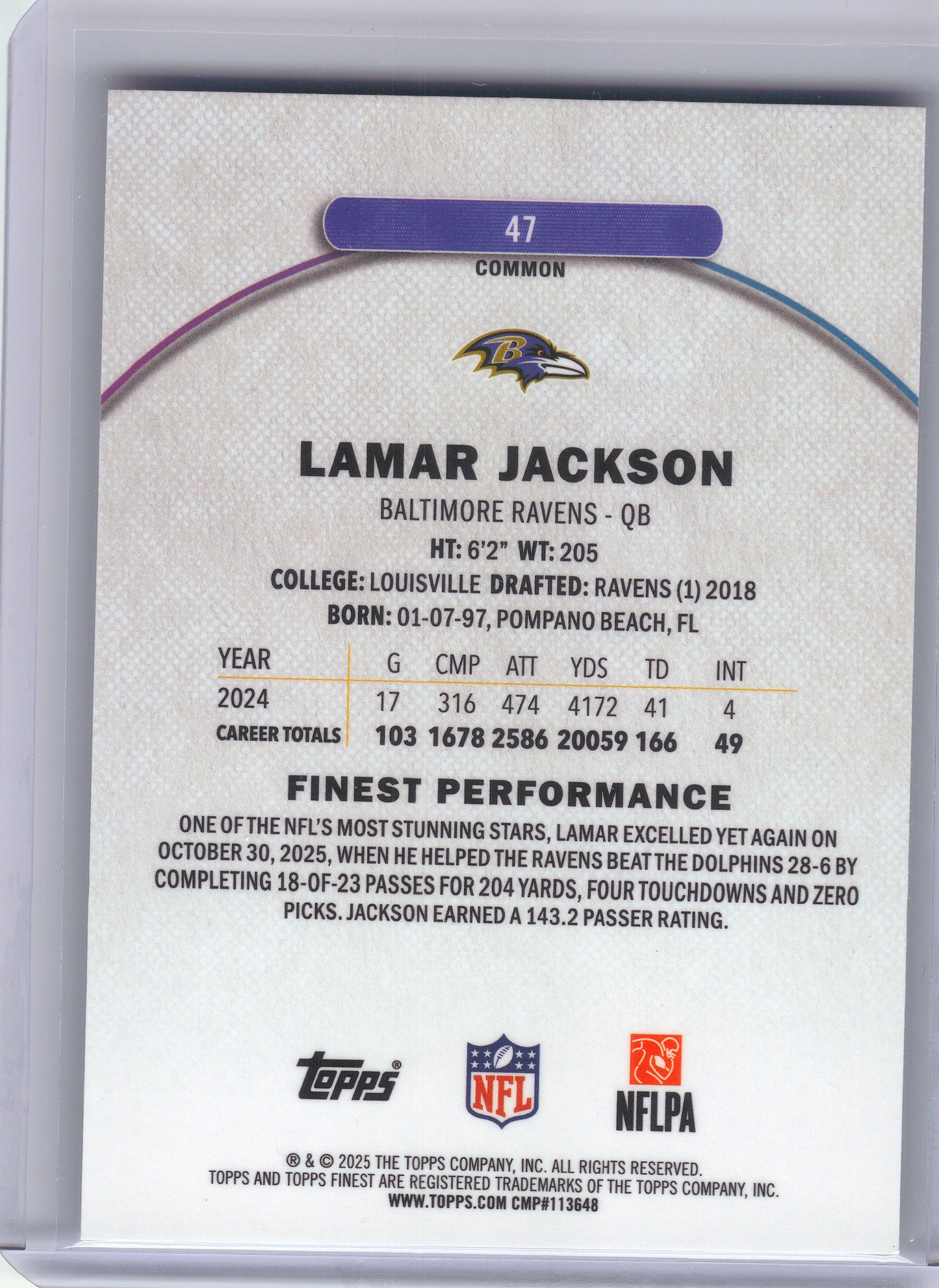 2025 Finest #47 Lamar Jackson Baltimore Ravens