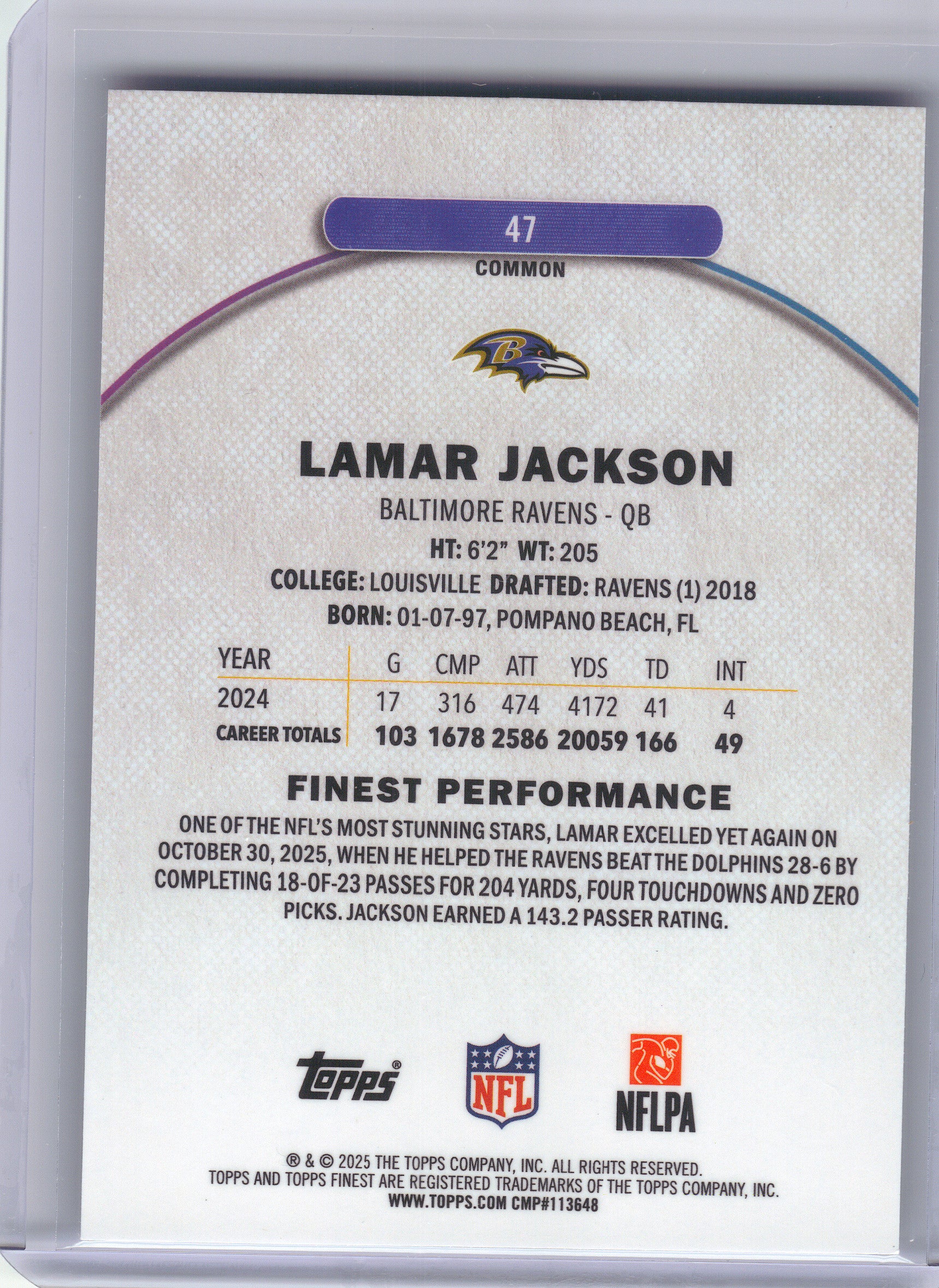 2025 Finest #47 Lamar Jackson Baltimore Ravens