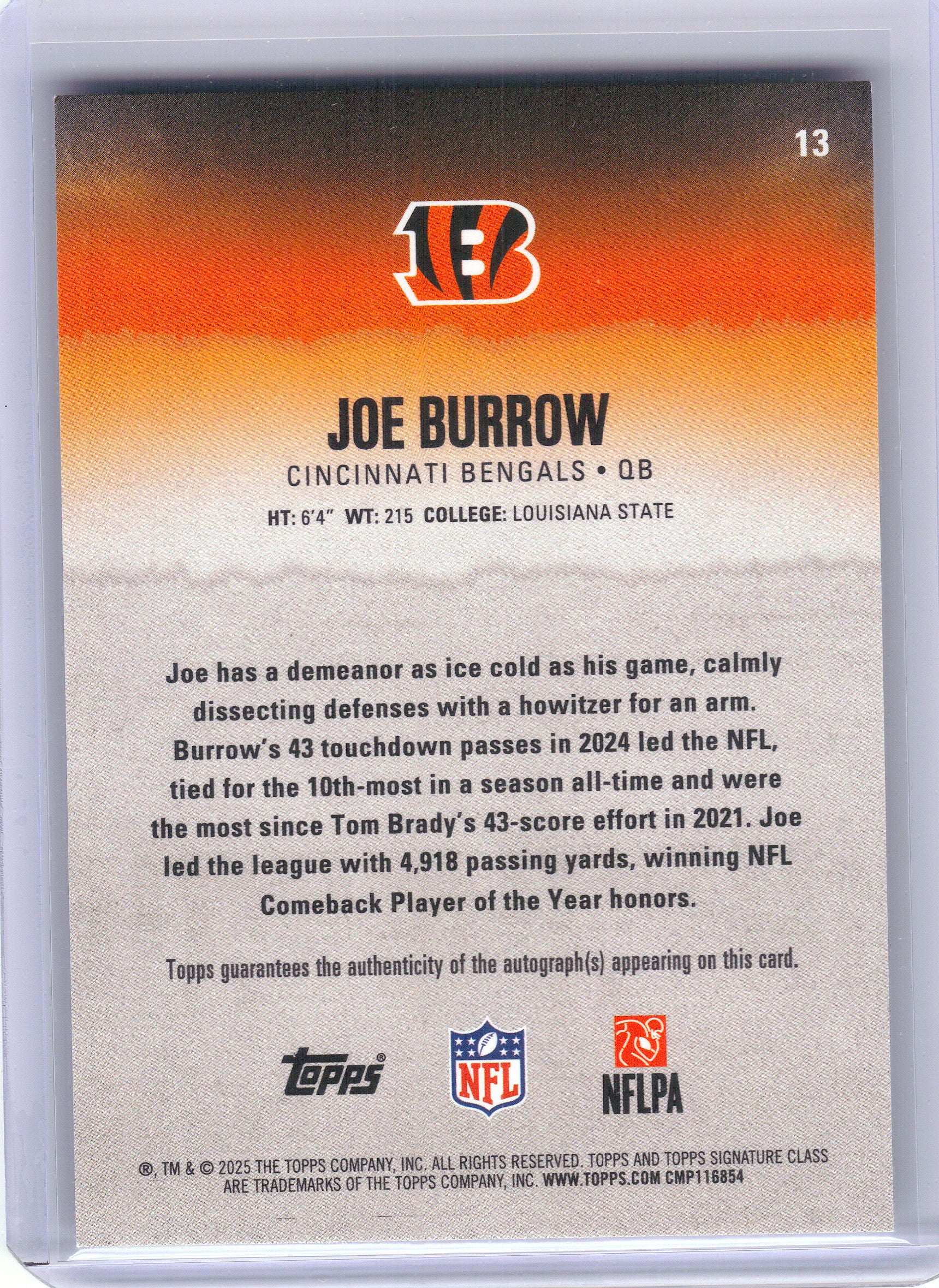 2025 Topps Signature Class #13 Joe Burrow Orange Lava #/50 Cincinnati Bengals SN