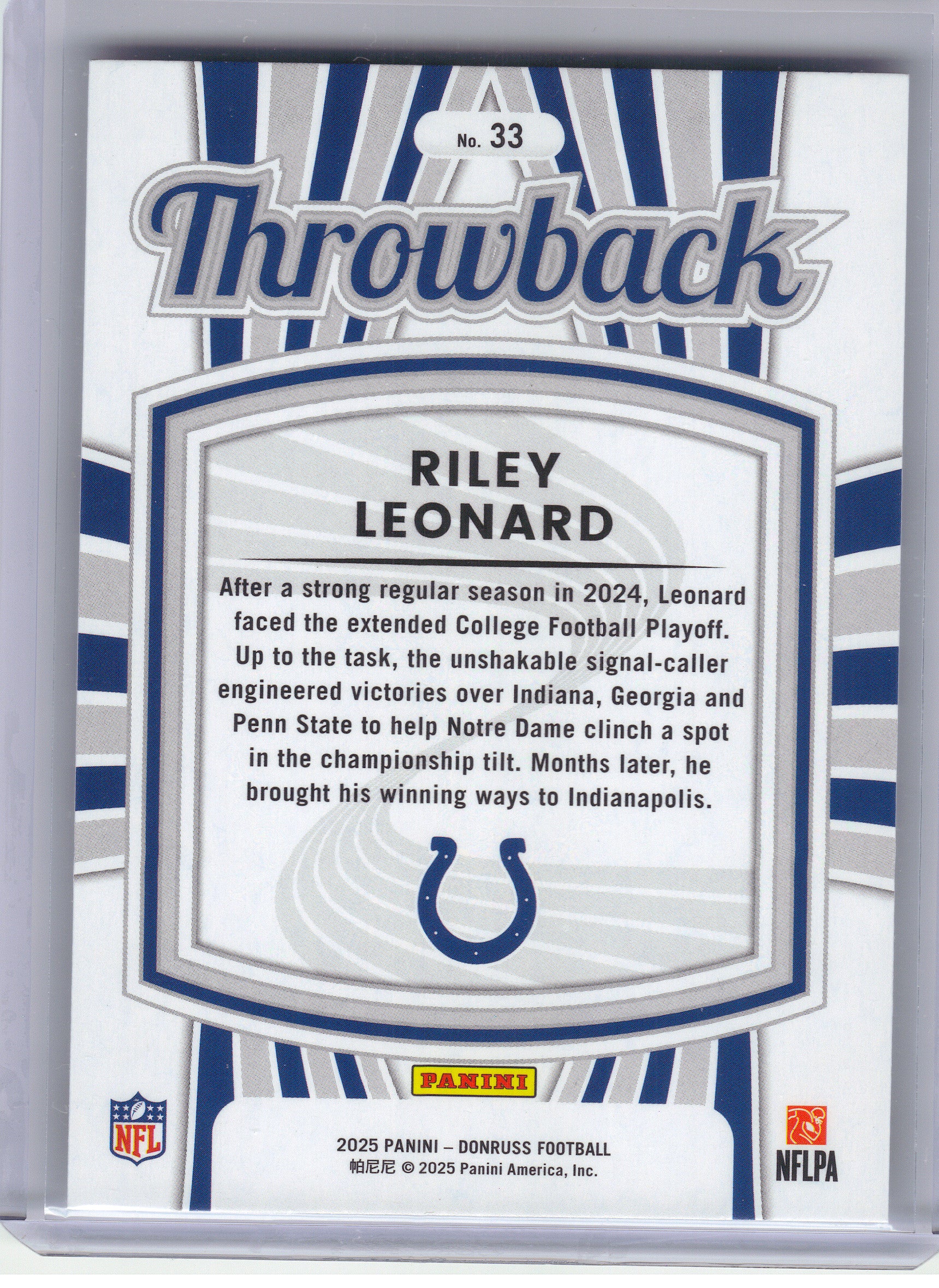 2025 Donruss #33 Riley Leonard Rated Rookies Throwback Indianapolis Colts