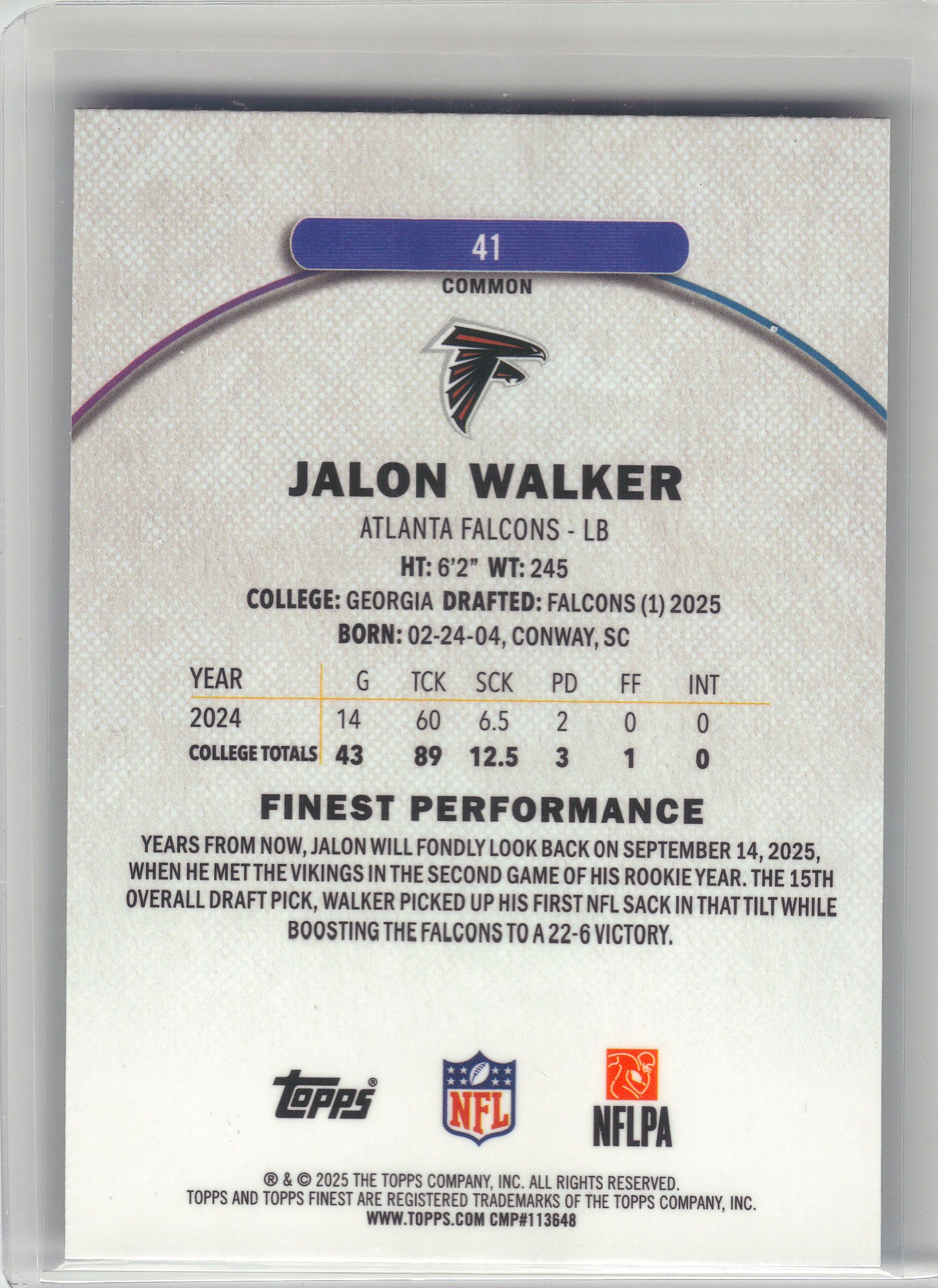 2025 Finest #41 Jalon Walker Blue Geometric Refractor #/99 Atlanta Falcons SN,RC