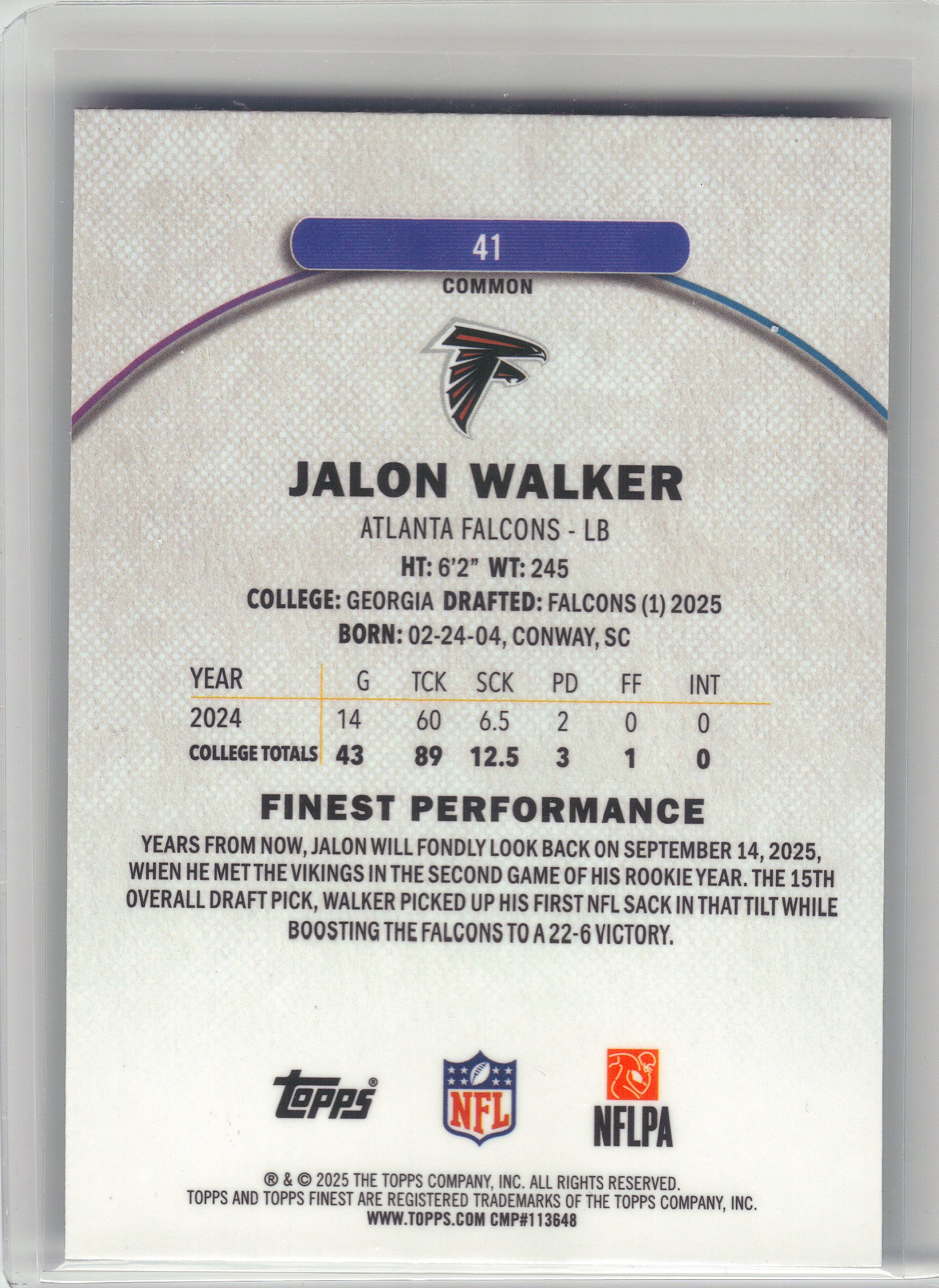 2025 Finest #41 Jalon Walker Blue Geometric Refractor #/99 Atlanta Falcons SN,RC