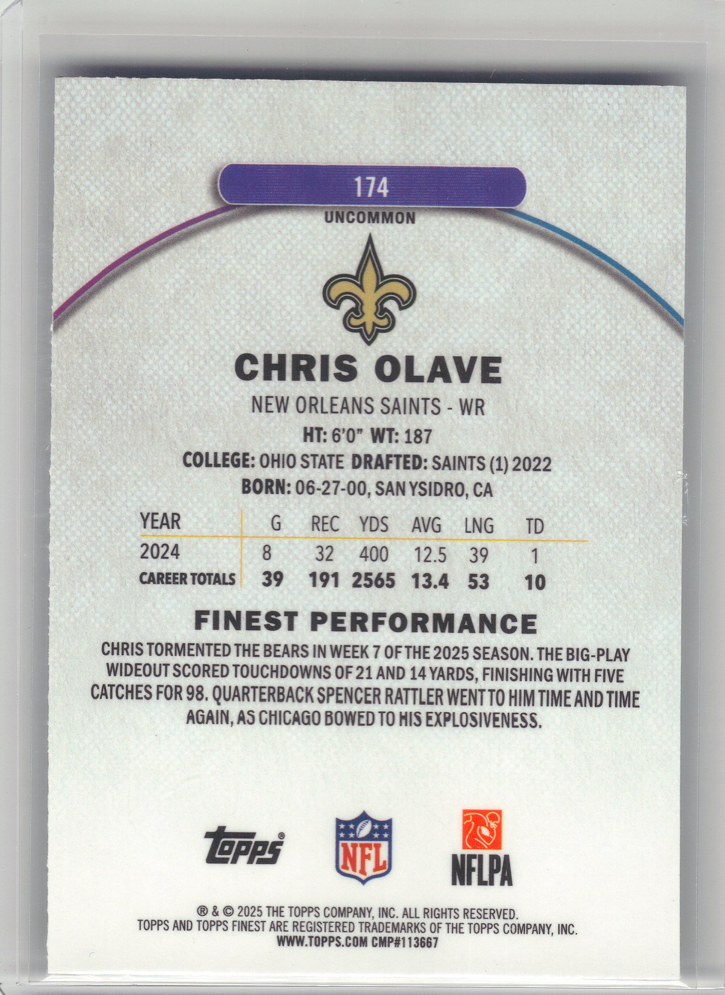 2025 Finest #174 Chris Olave Blue Geometric Refractor #/75 New Orleans Saints SN