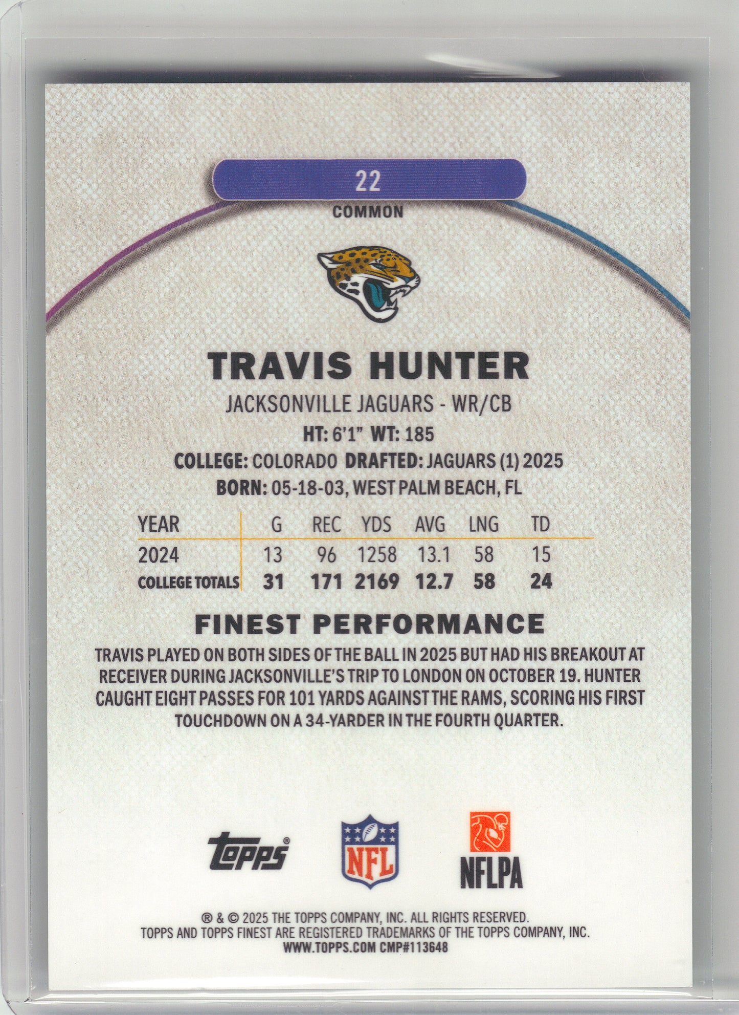 2025 Finest #22 Travis Hunter Green Refractor #/75 Jacksonville Jaguars SN,RC