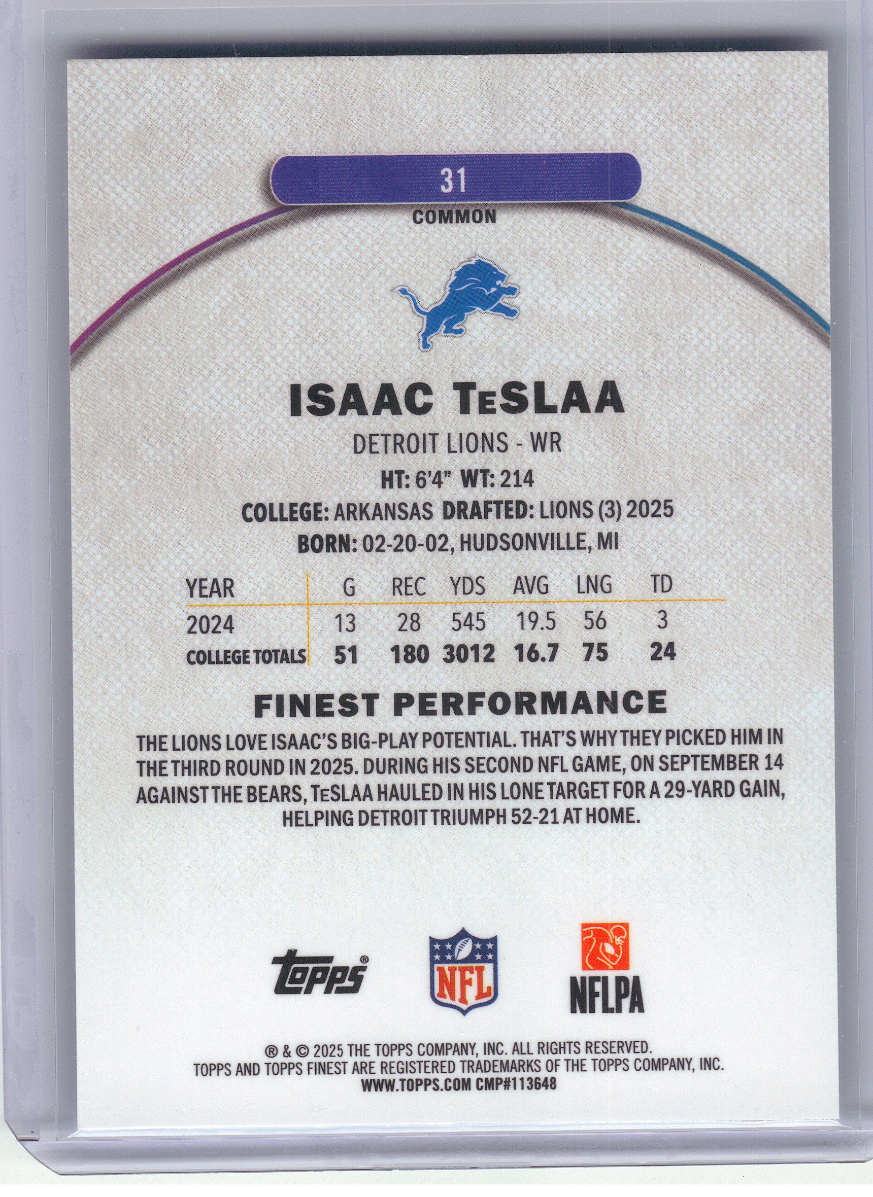 2025 Finest #31 Isaac TeSlaa Detroit Lions RC