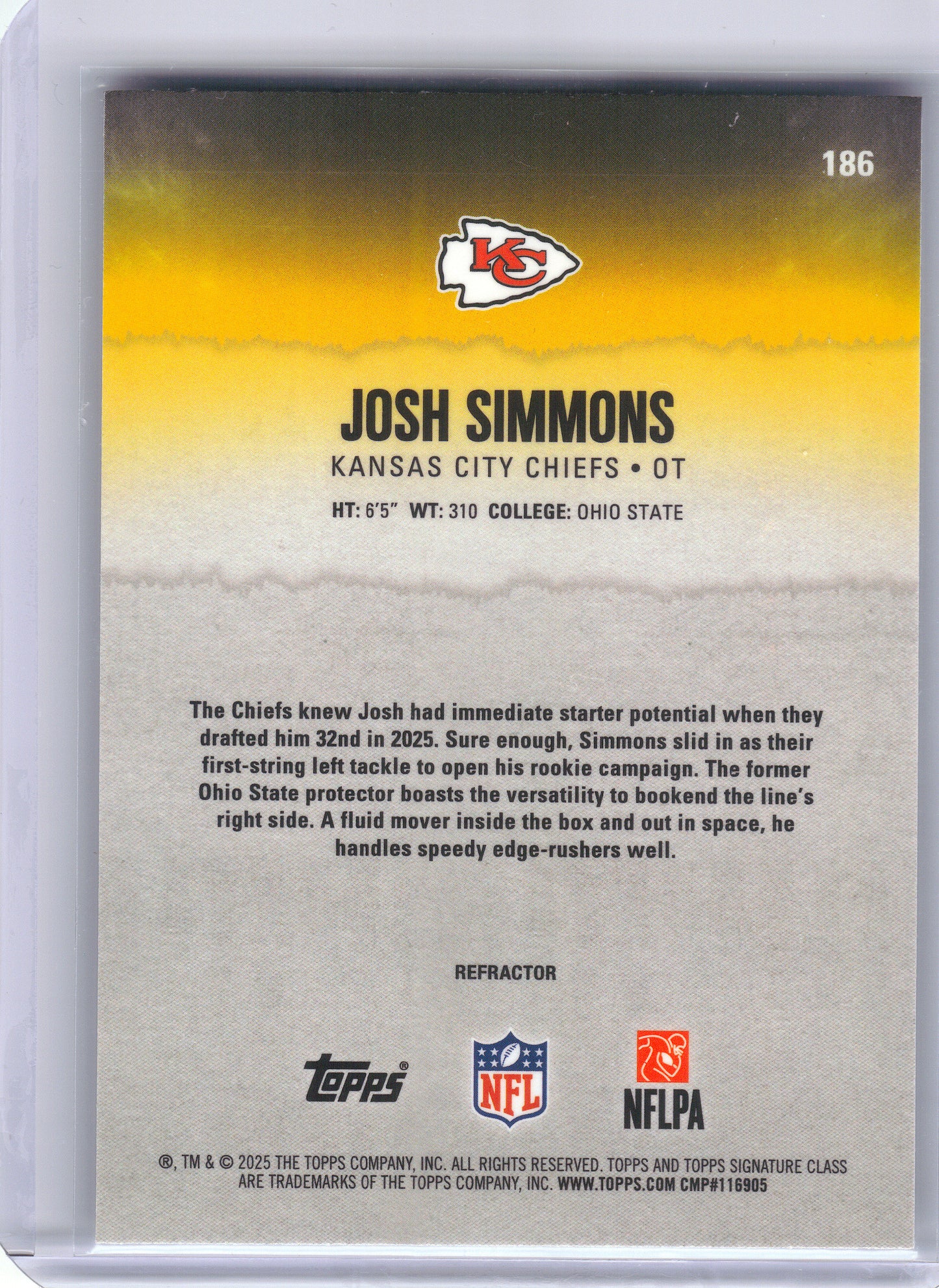 2025 Topps Signature Class #186 Josh Simmons Kansas City Chiefs RC