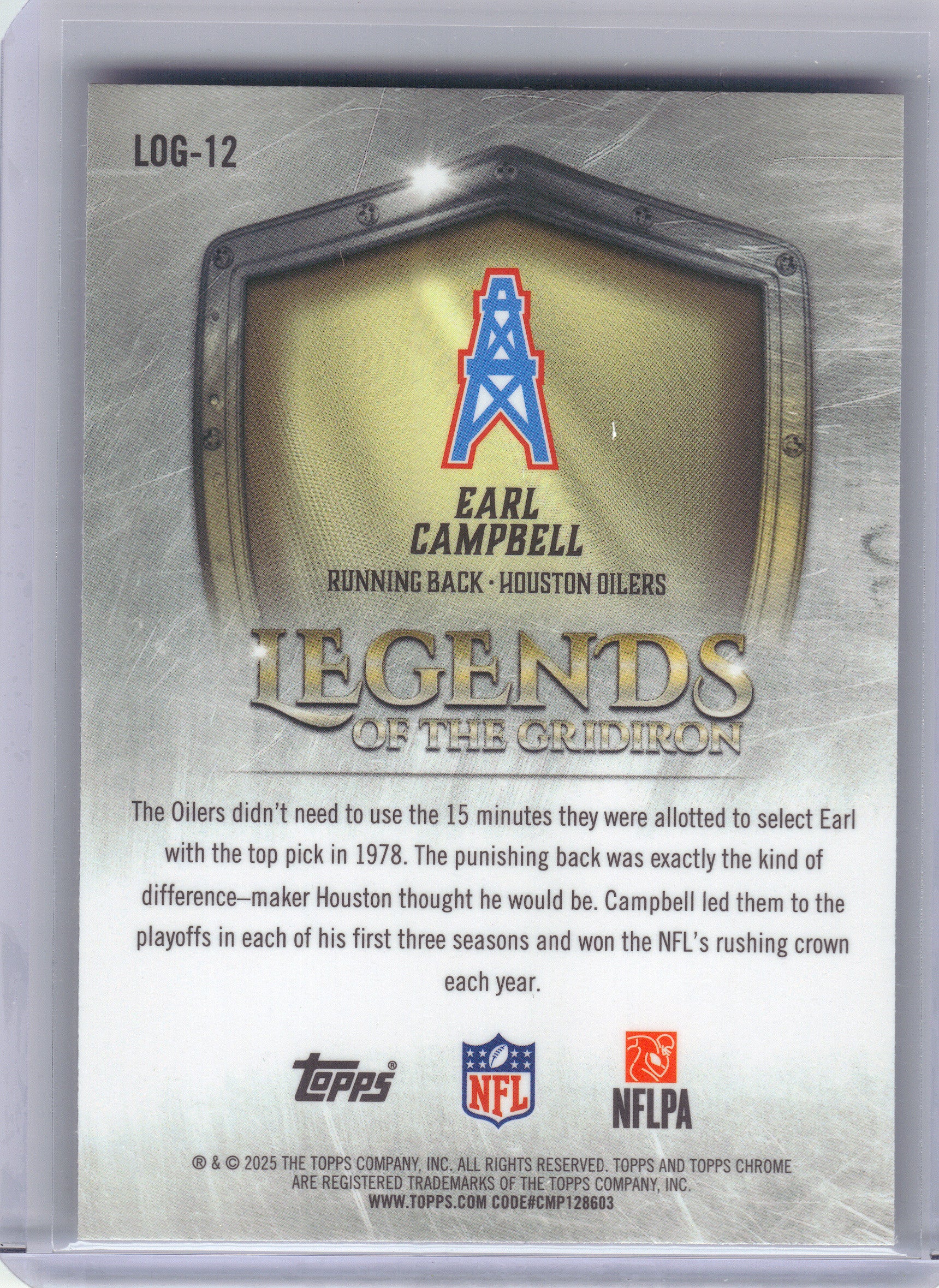2025 Topps Chrome #LOG-12 Earl Campbell Legends of the Gridiron Houston Oilers