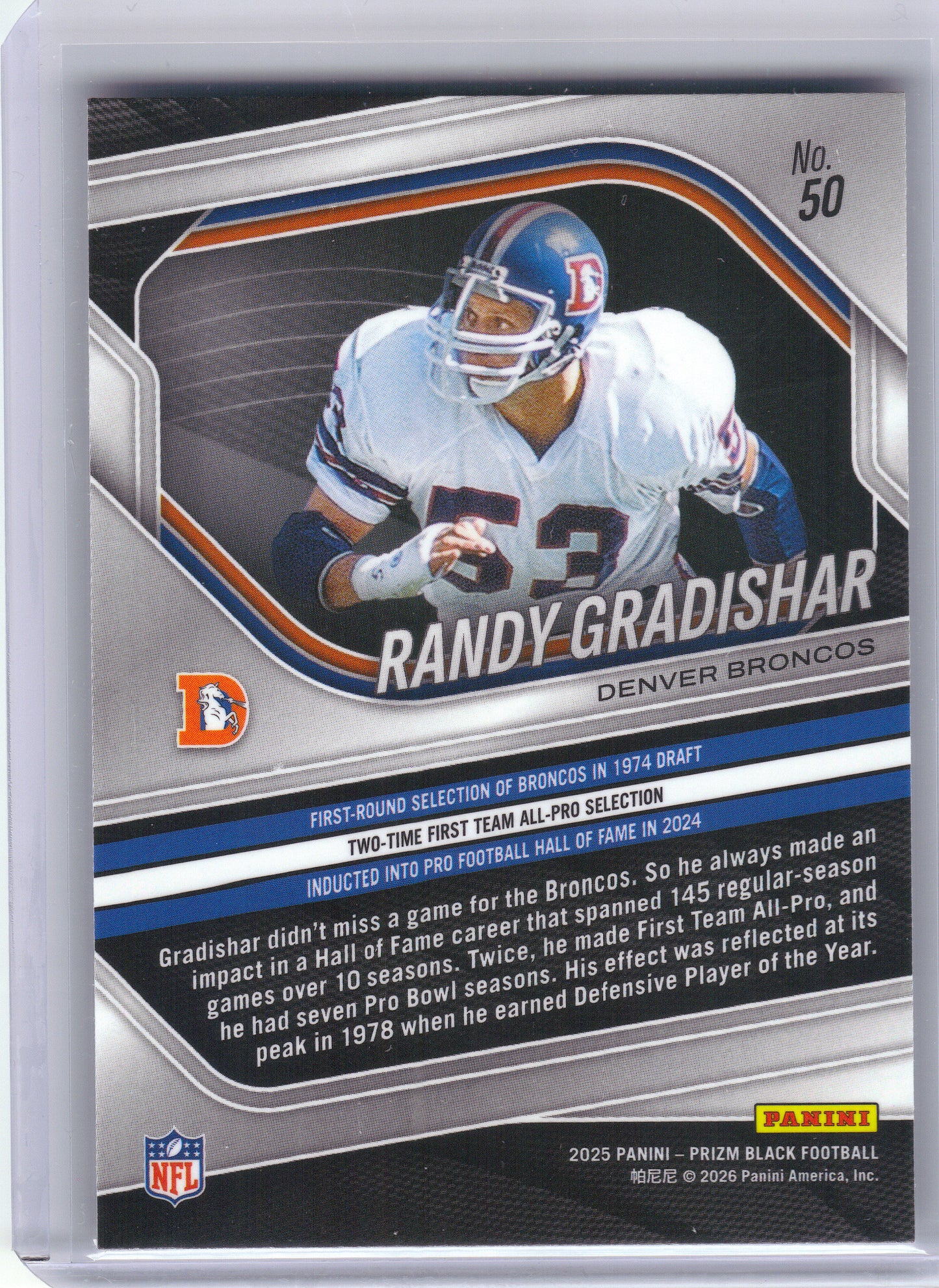 2025 Panini Prizm Black #50 Randy Gradishar Denver Broncos