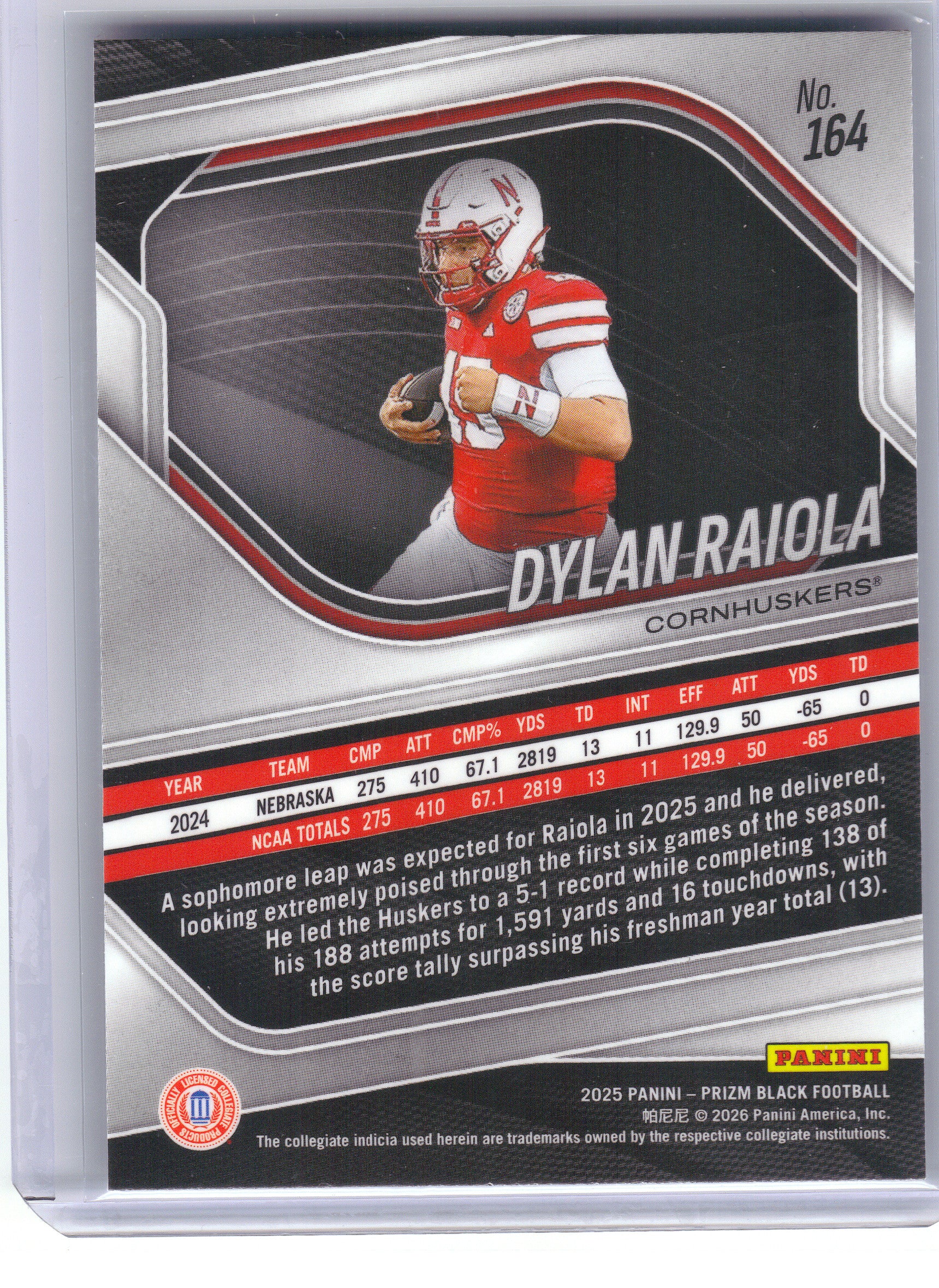 2025 Panini Prizm Black #164 Dylan Raiola Nebraska Cornhuskers