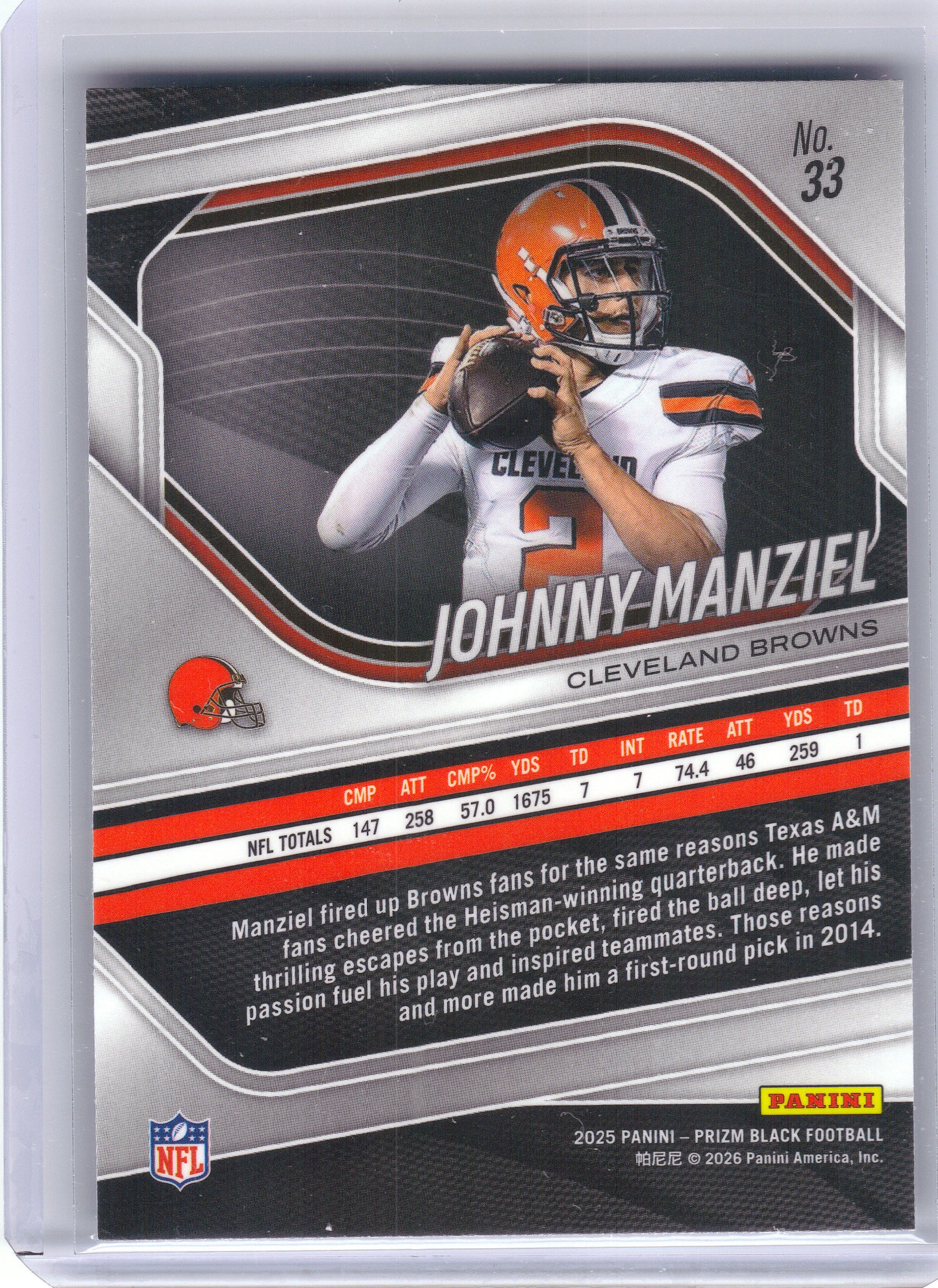 2025 Panini Prizm Black #33 Johnny Manziel Cleveland Browns