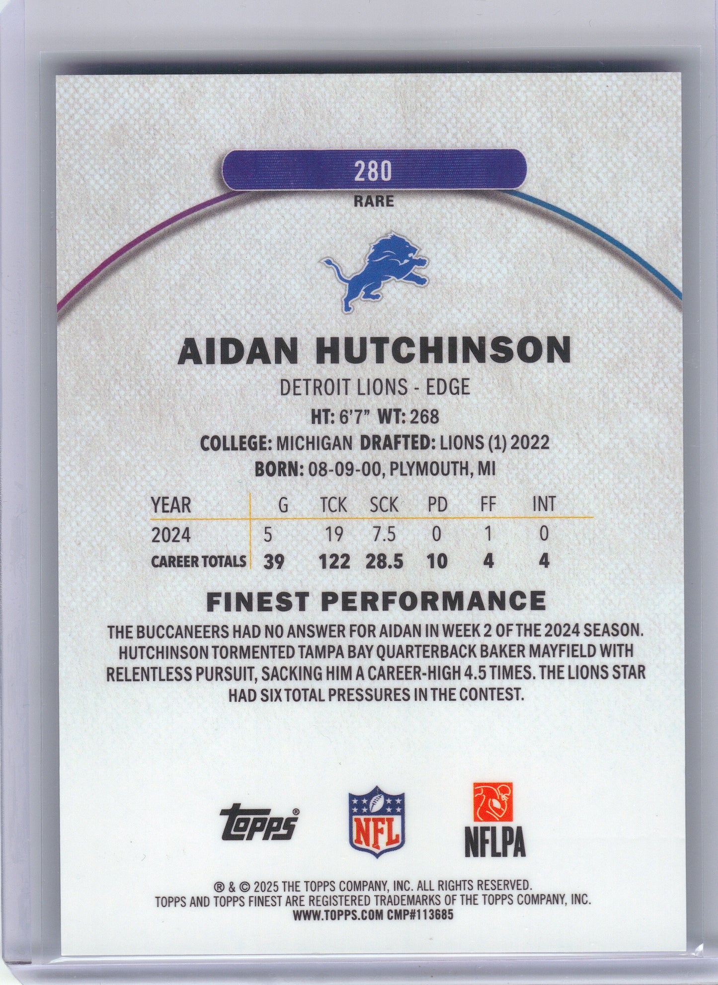 2025 Finest #280 Aidan Hutchinson Sky Blue Refractor #/150 Detroit Lions SN