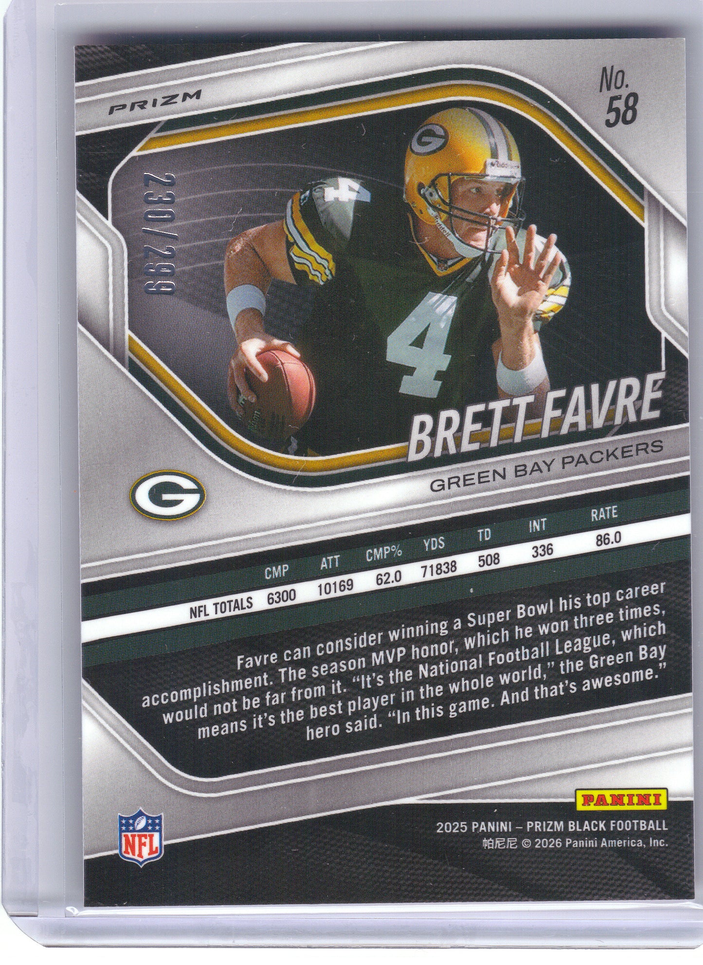 2025 Panini Prizm Black #58 Brett Favre Prizms Red #/299 Green Bay Packers SN