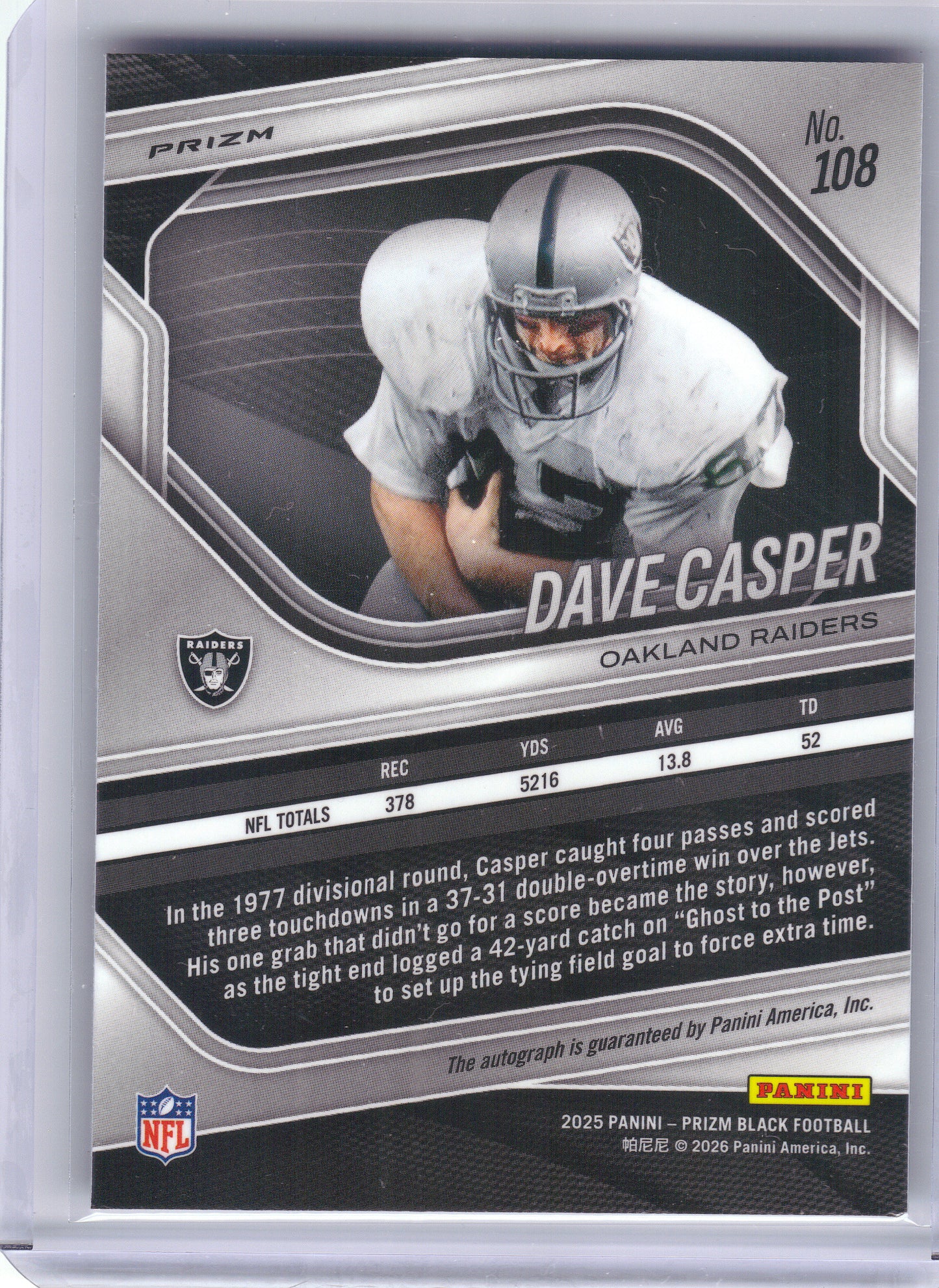 2025 Panini Prizm Black #108 Dave Casper Autographs Prizms Silver Oakland Raiders AU