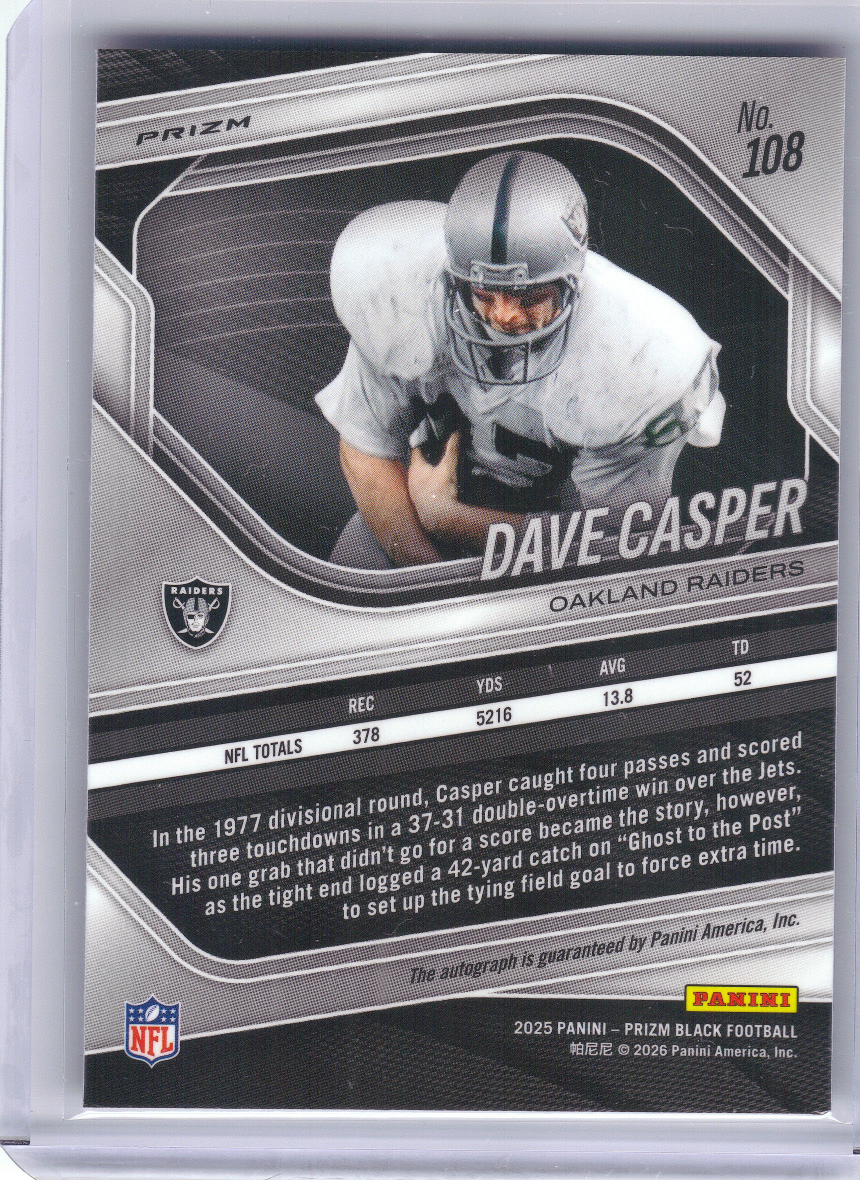 2025 Panini Prizm Black #108 Dave Casper Autographs Prizms Silver Oakland Raiders AU