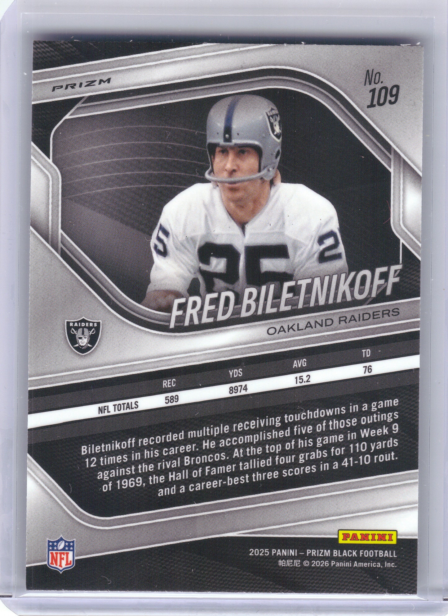 2025 Panini Prizm Black #109 Fred Biletnikoff Prizms Silver Oakland Raiders