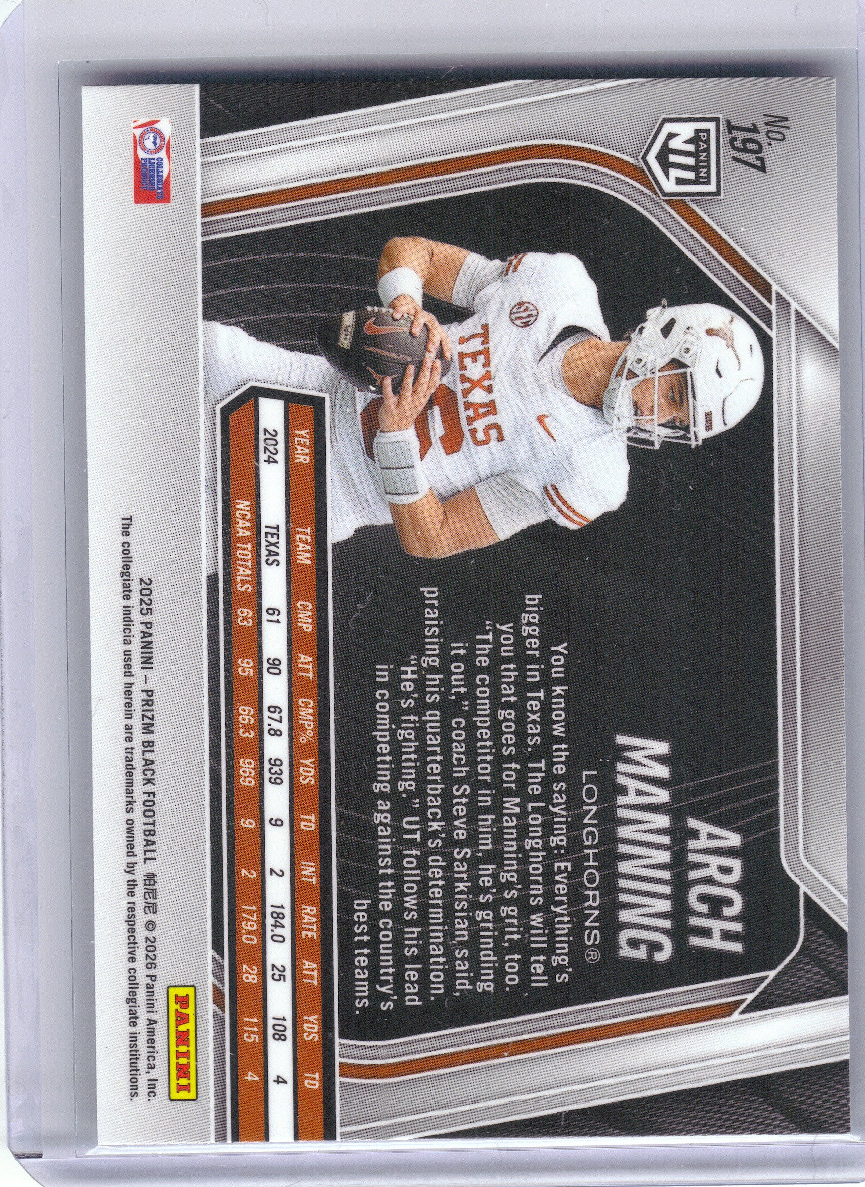 2025 Panini Prizm Black #197 Arch Manning Texas Longhorns