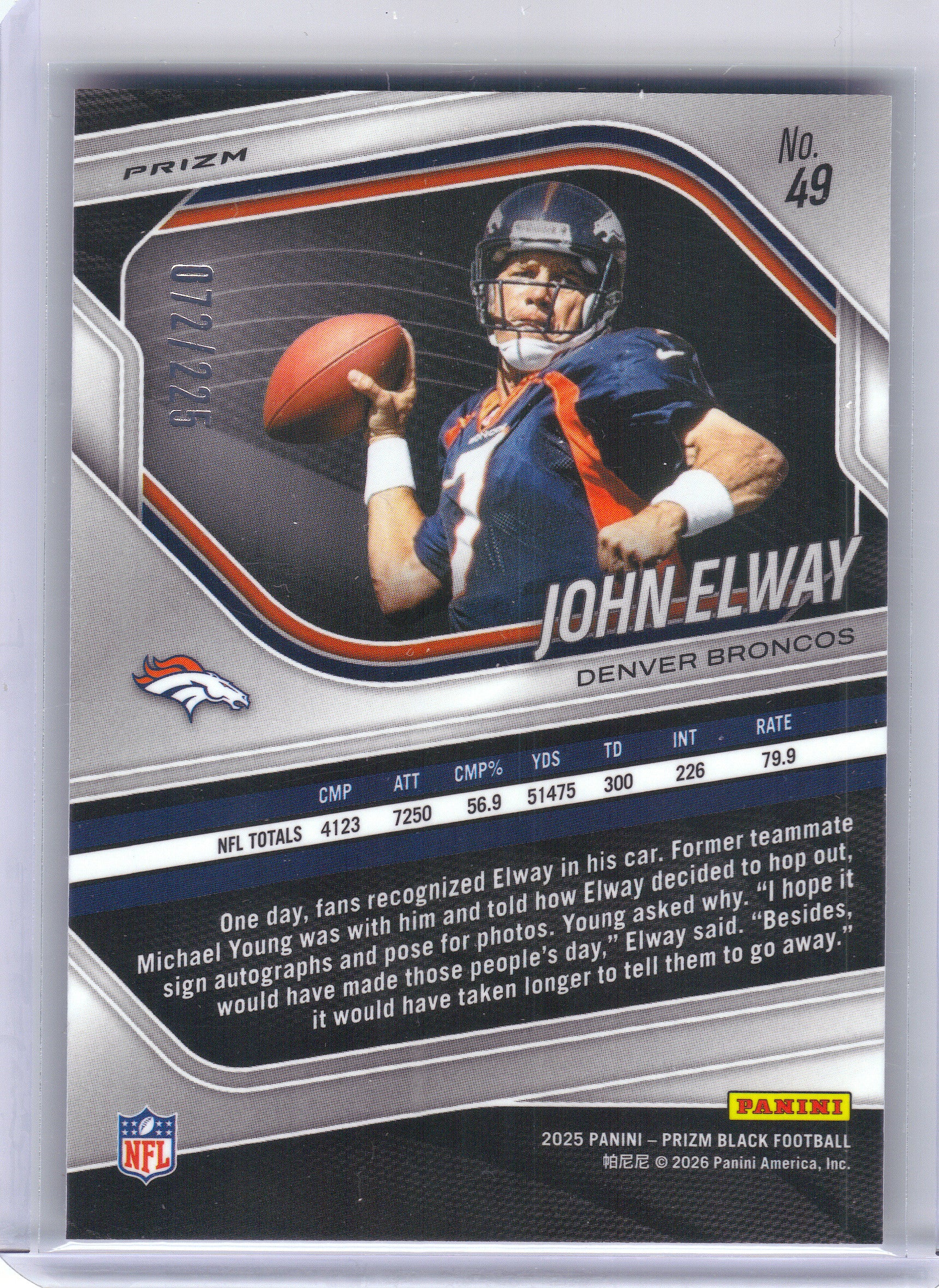 2025 Panini Prizm Black #49 John Elway Prizms Football #/225 Denver Broncos SN