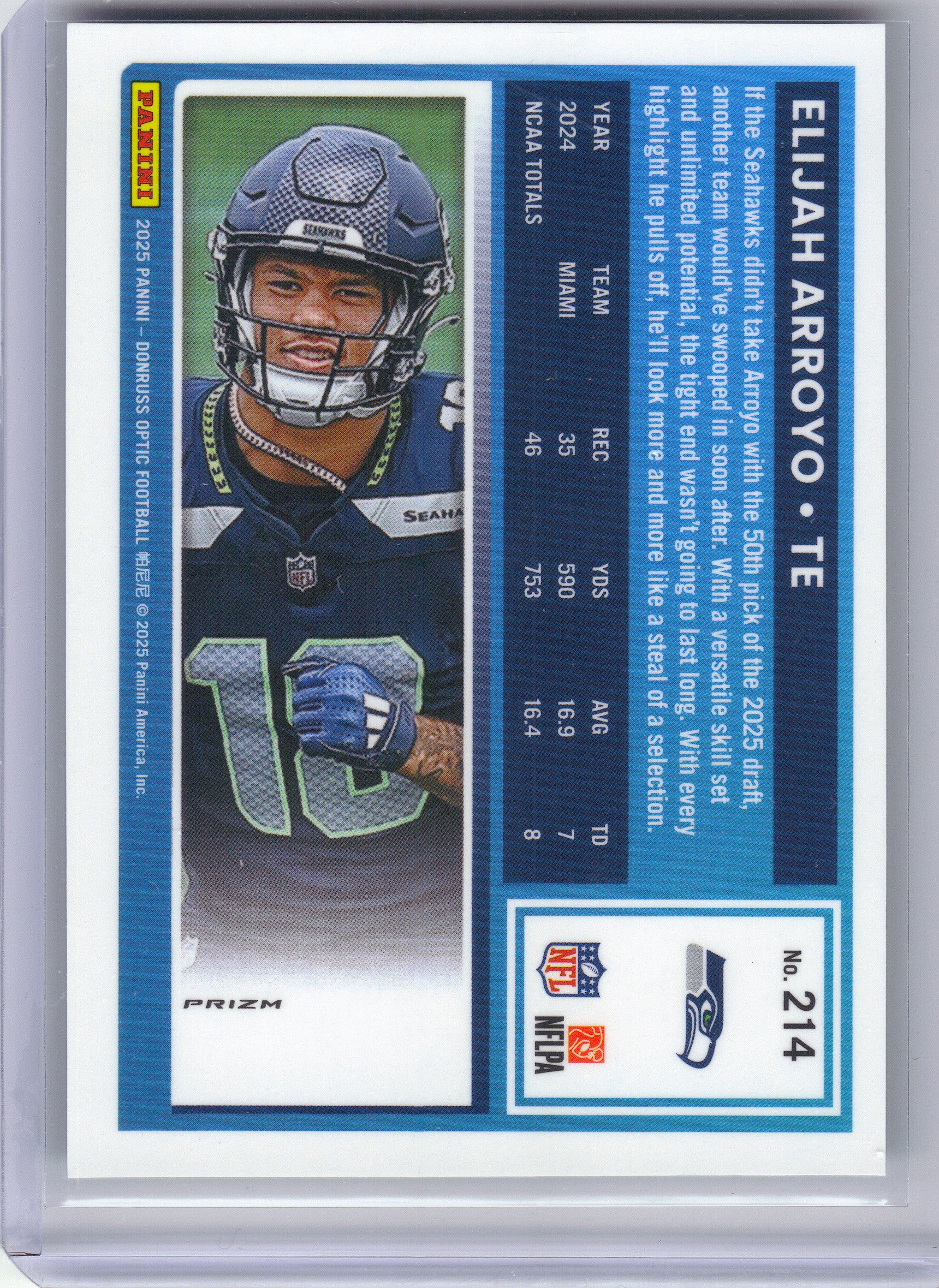 2025 Donruss Optic #214 Elijah Arroyo Green Hyper Seattle Seahawks RC