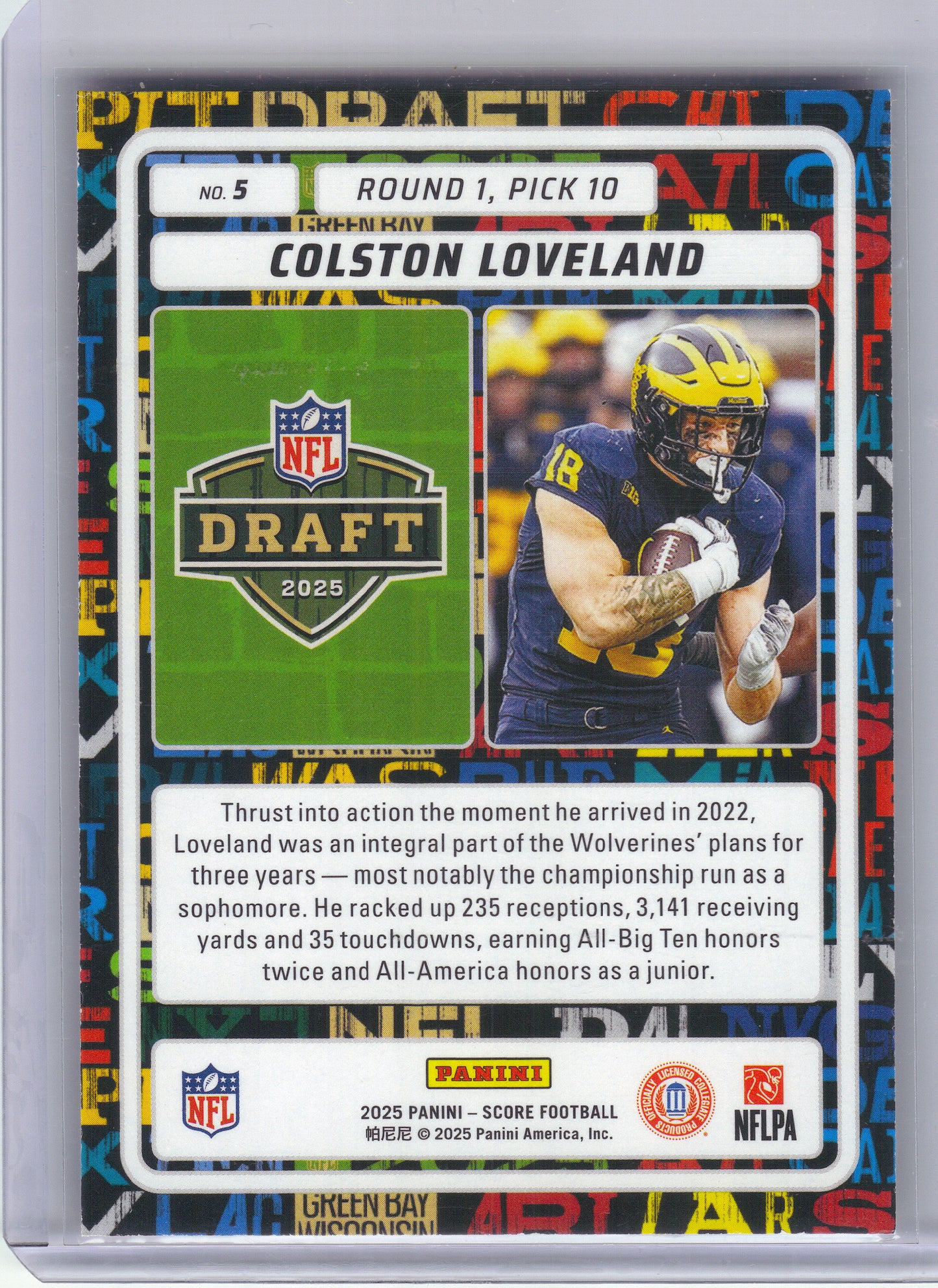 2025 Score #5 Colston Loveland NFL Draft Chicago Bears
