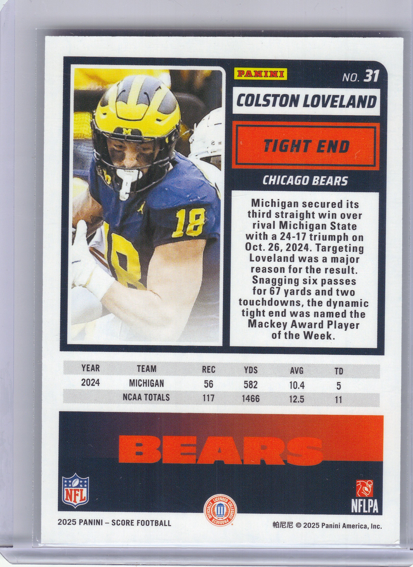 2025 Score #31 Colston Loveland Red Chicago Bears RC