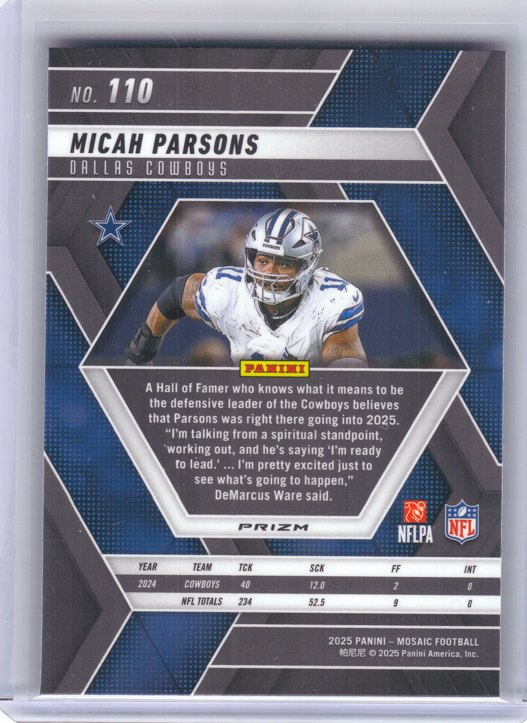 2025 Panini Mosaic #110 Micah Parsons Mosaic Reactive Purple Dallas Cowboys