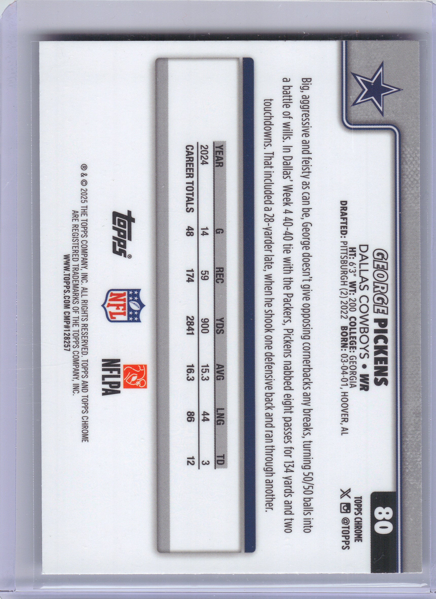 2025 Topps Chrome #80 George Pickens Purple Lava #/75 Dallas Cowboys SN