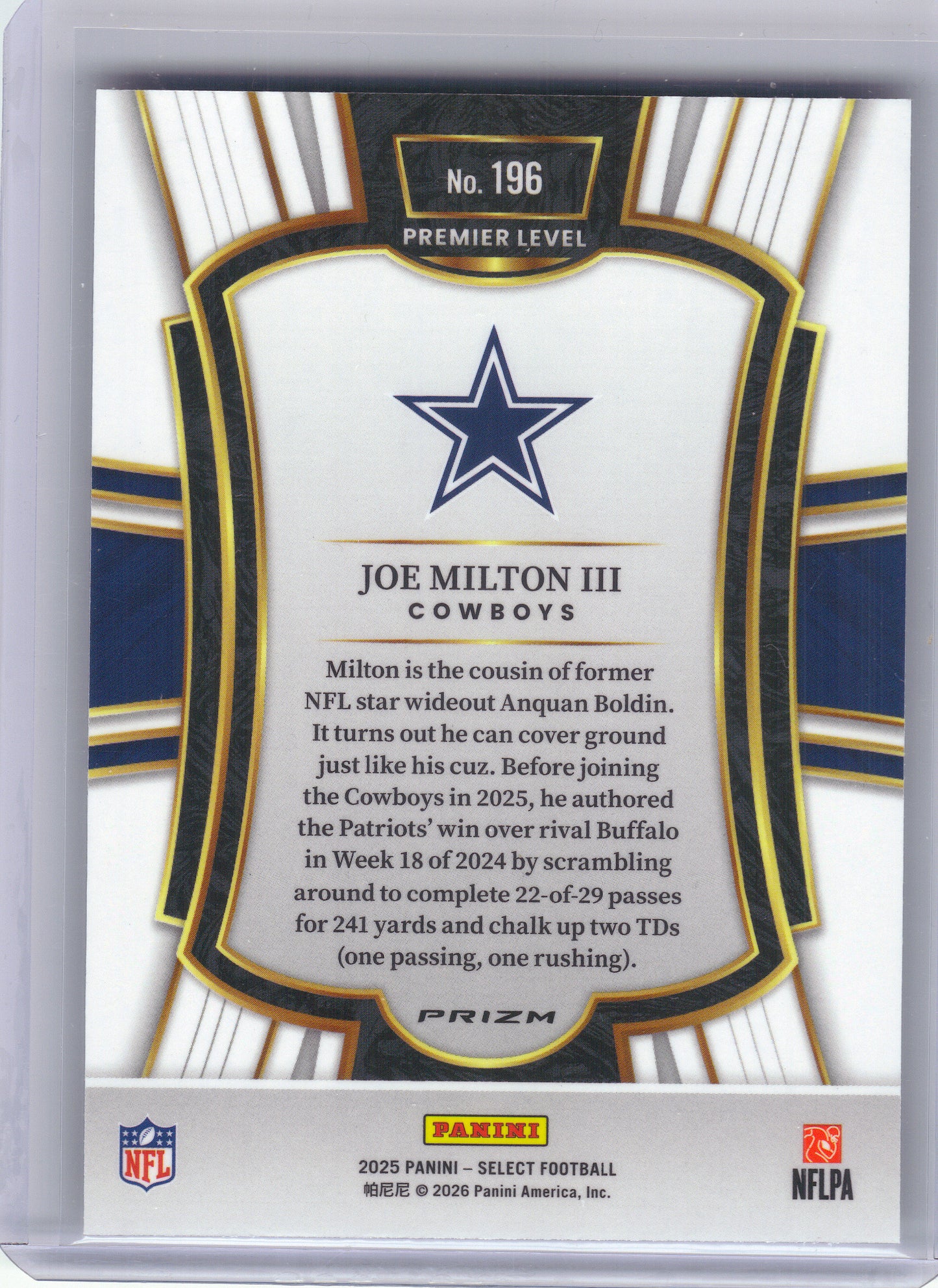 2025 Panini Select #196 Joe Milton III Silver Prizm Dallas Cowboys