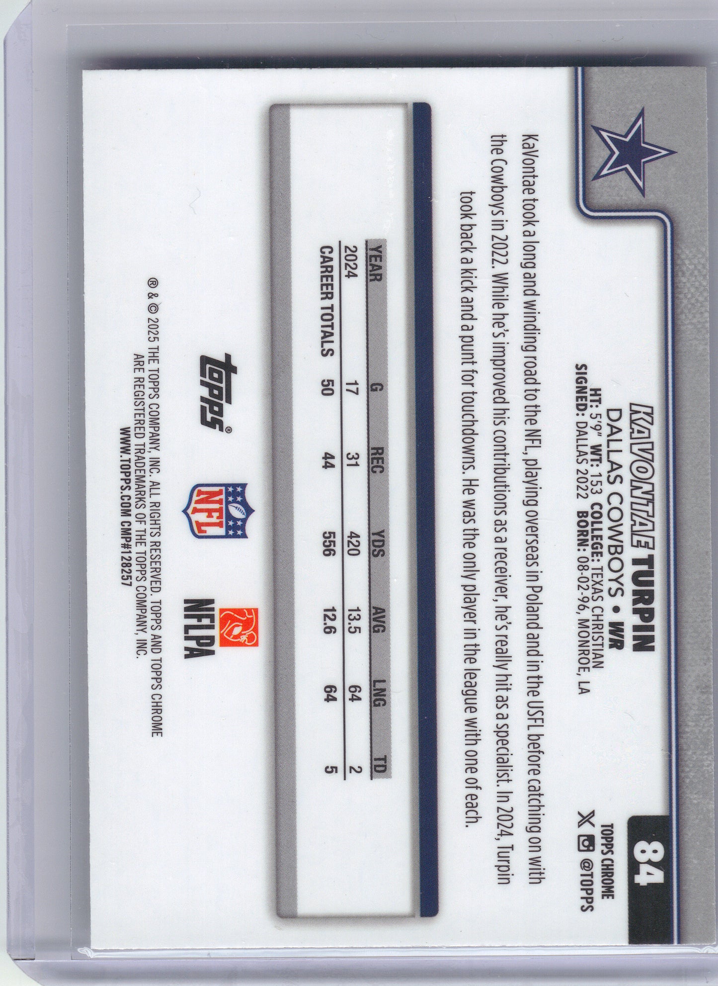 2025 Topps Chrome #84 KaVontae Turpin Pulsar Refractor Dallas Cowboys