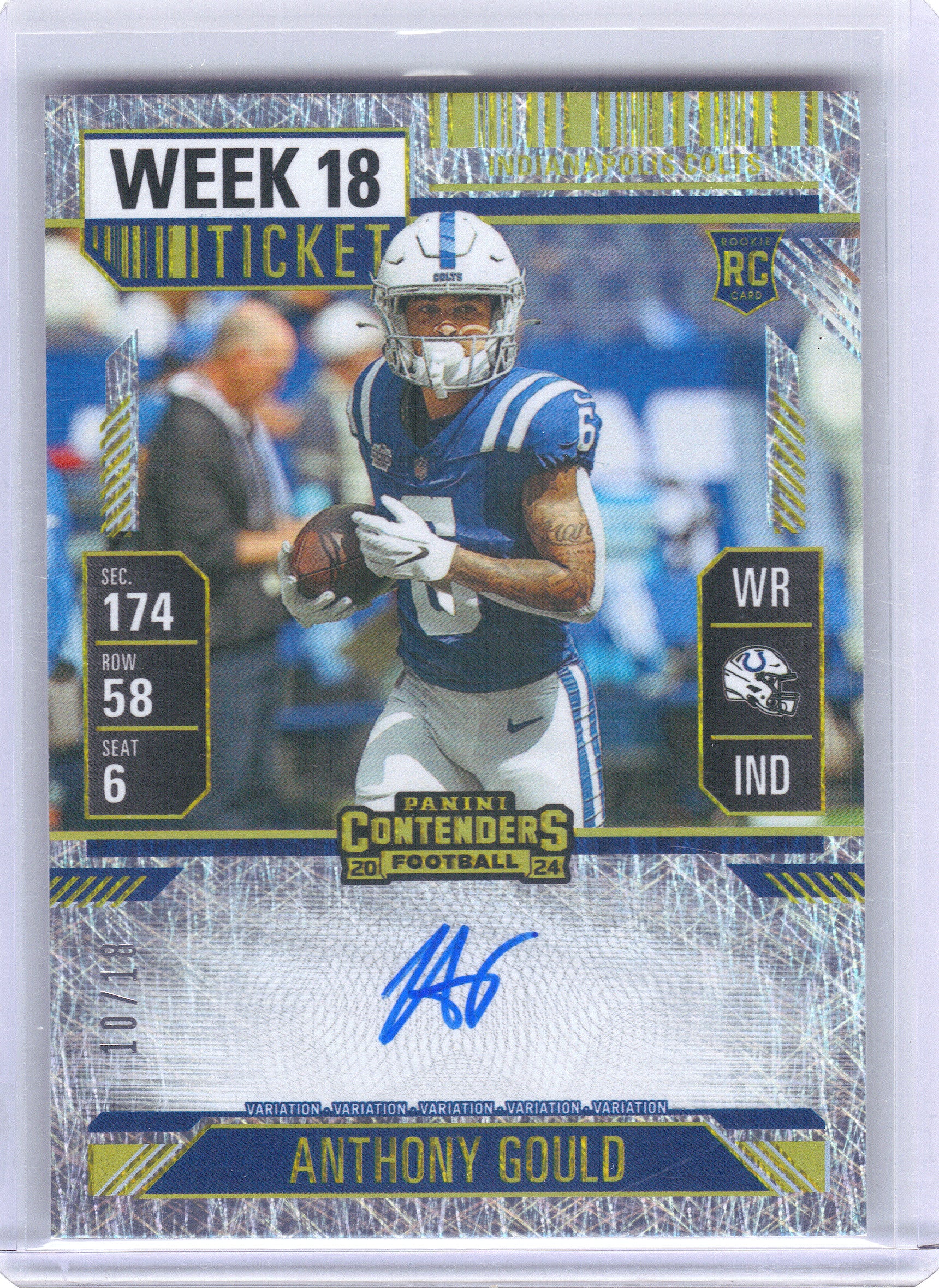 2024 Panini Contenders #140b Anthony Gould Week 18 Ticket #/18 Indianapolis Colts SN,RC,AU