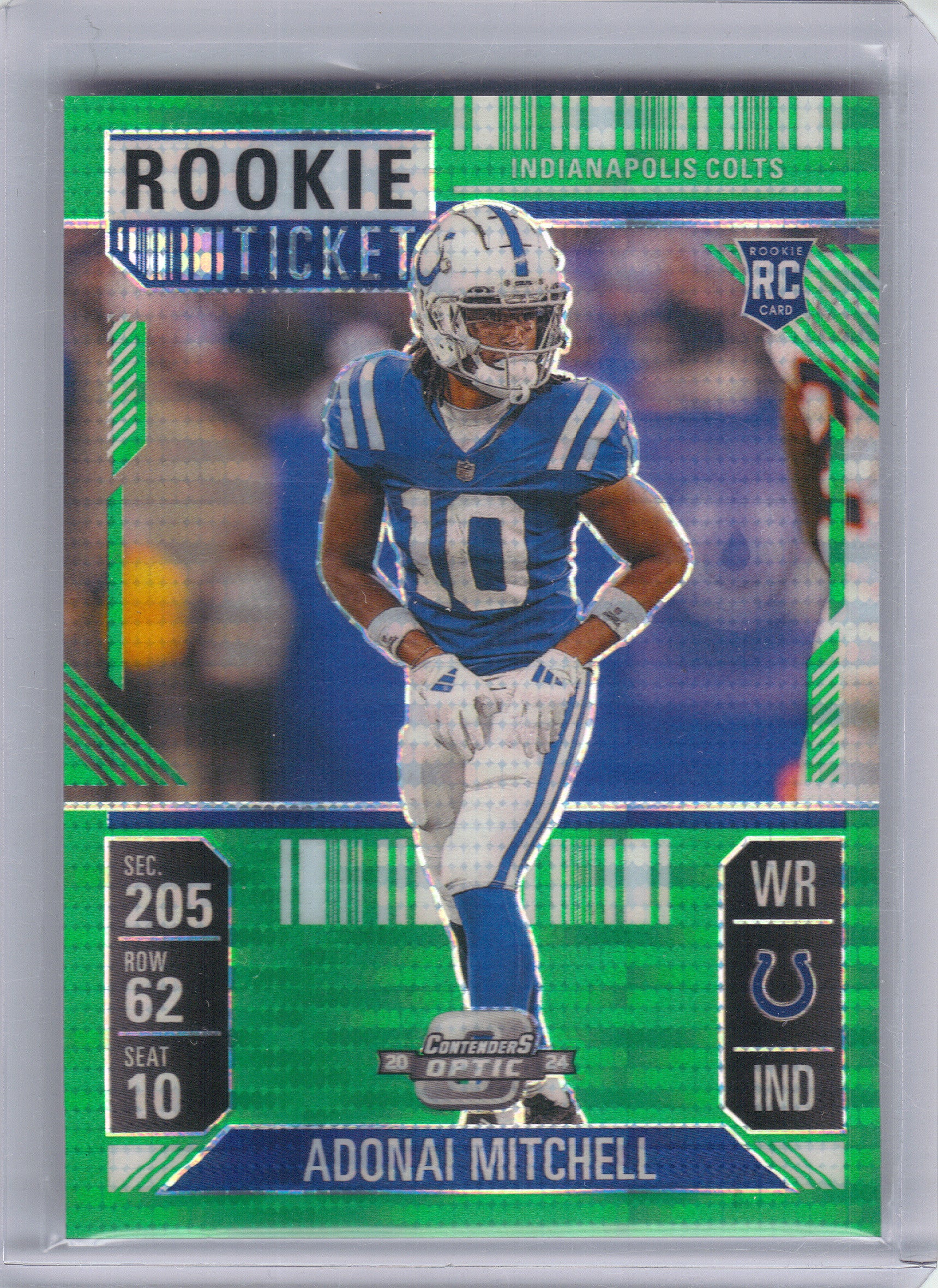 2024 Panini Contenders Optic #59 Adonai Mitchell Green Pulsar #/49 Indianapolis Colts SN,RC