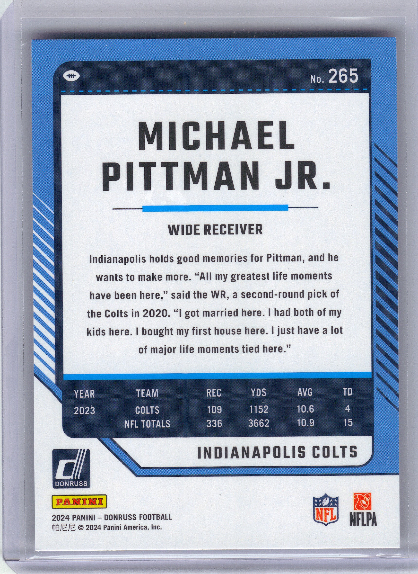 2024 Donruss #265 Michael Pittman Jr. Press Proof Purple Indianapolis Colts
