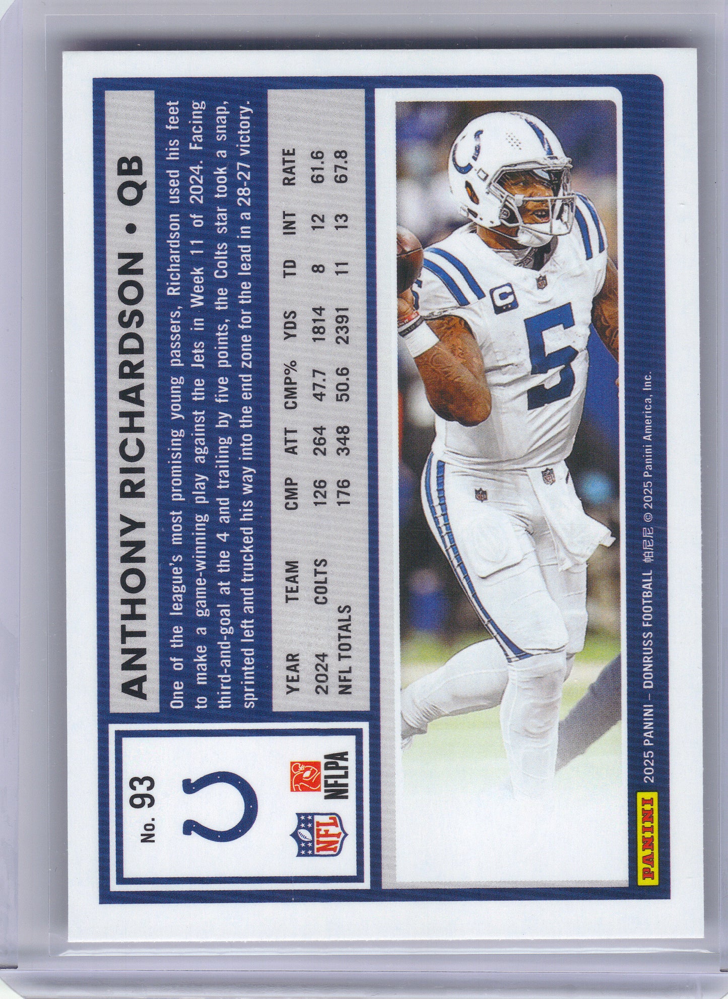 2025 Donruss #93 Anthony Richardson Press Proofs Purple Indianapolis Colts
