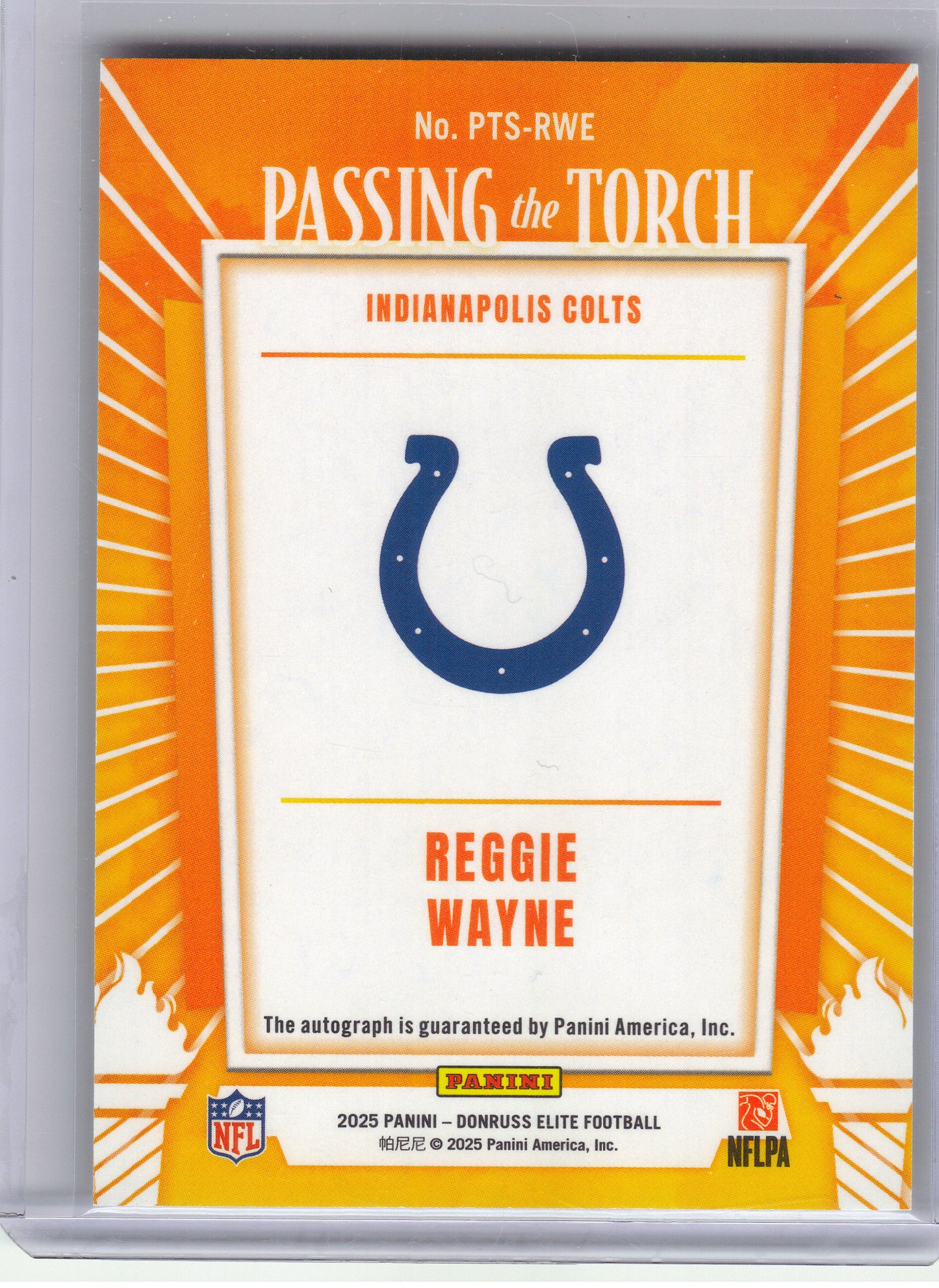 2025 Donruss Elite #PTS-RWE Reggie Wayne Passing the Torch Signatures Singles #/99 Indianapolis Colts SN,AU