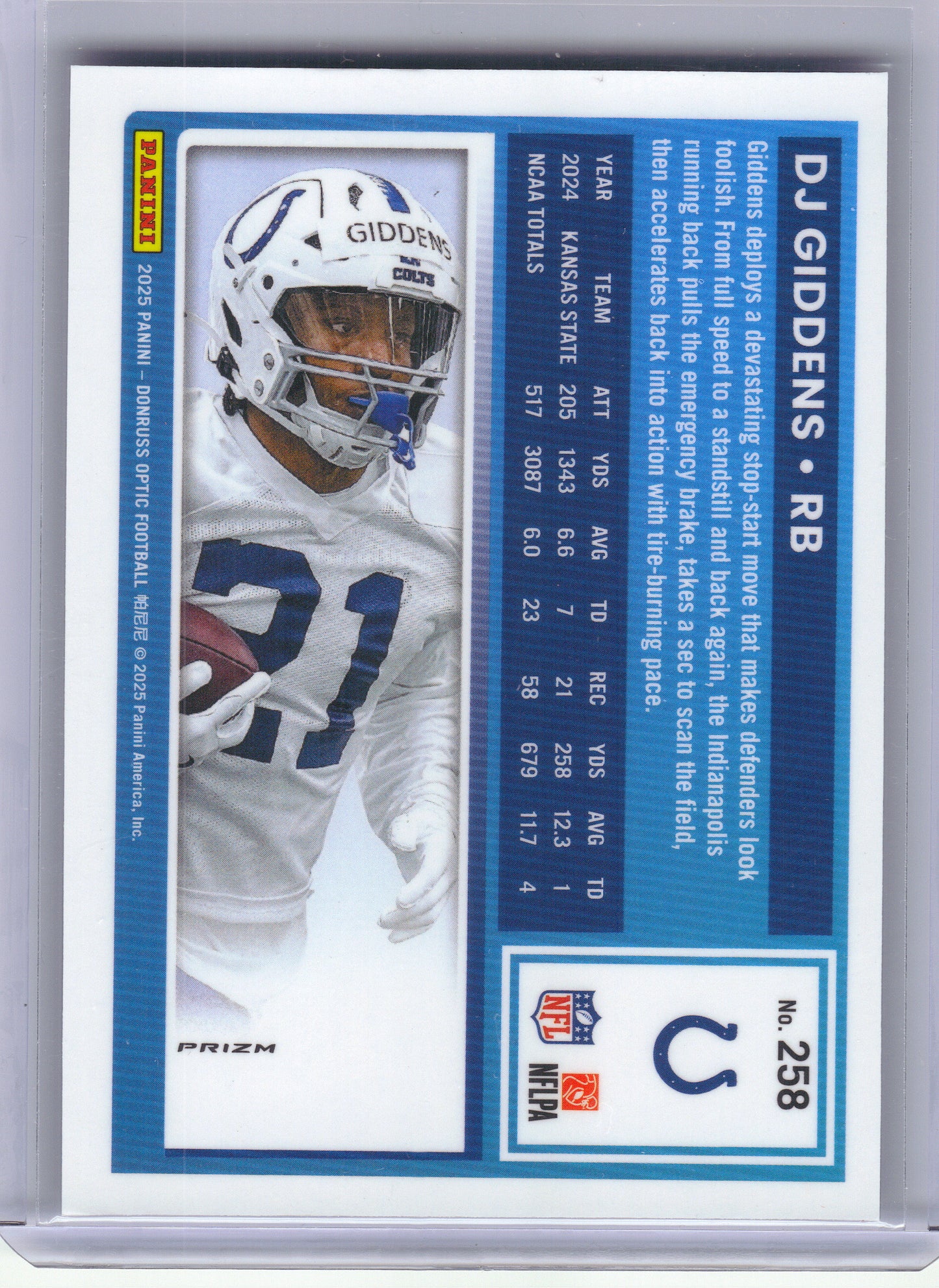 2025 Donruss Optic #258 DJ Giddens Purple Shock Indianapolis Colts RC