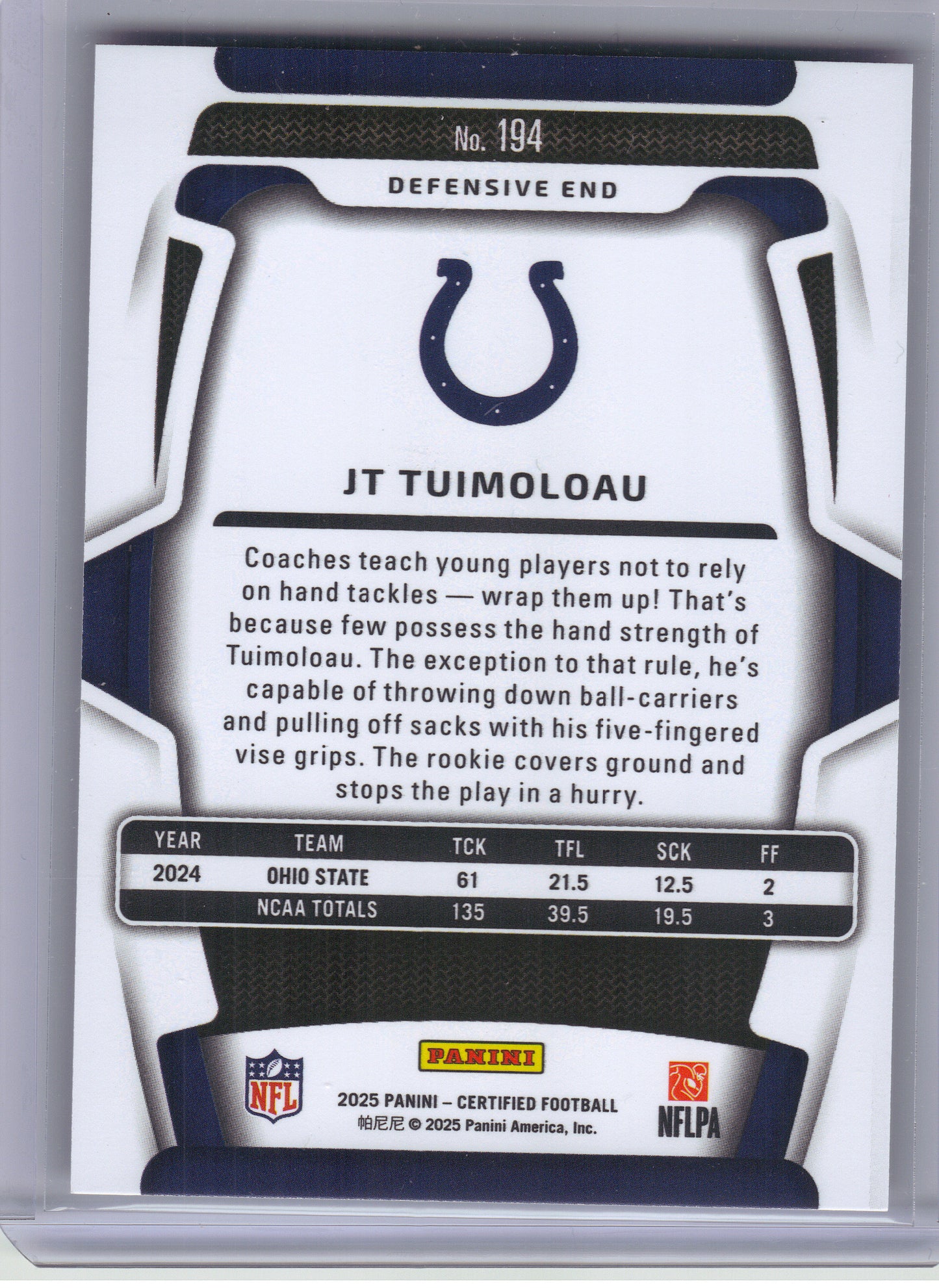 2025 Panini Certified #194 JT Tuimoloau Mirror Pink #/225 Indianapolis Colts SN,RC