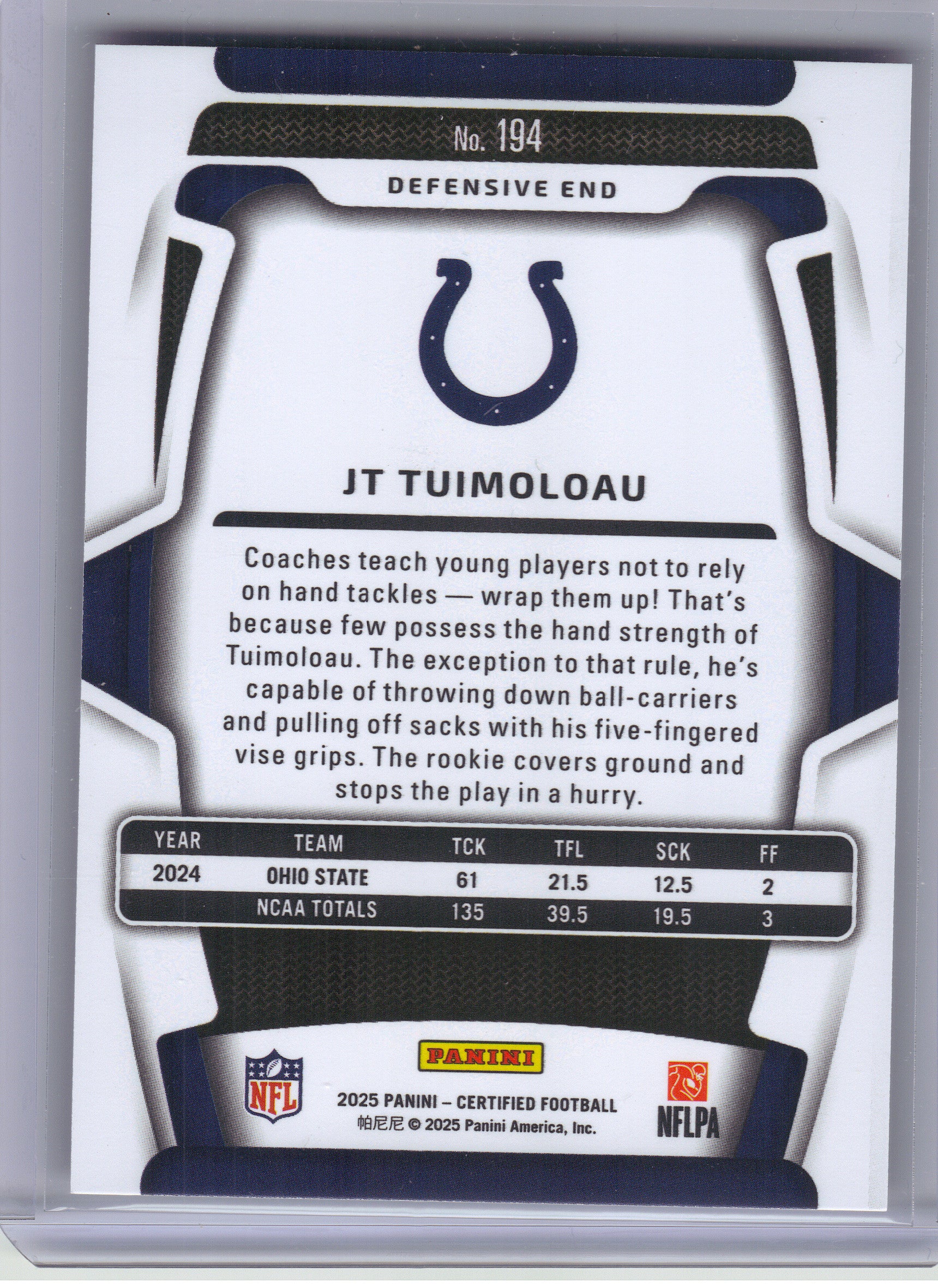 2025 Panini Certified #194 JT Tuimoloau Mirror Pink #/225 Indianapolis Colts SN,RC