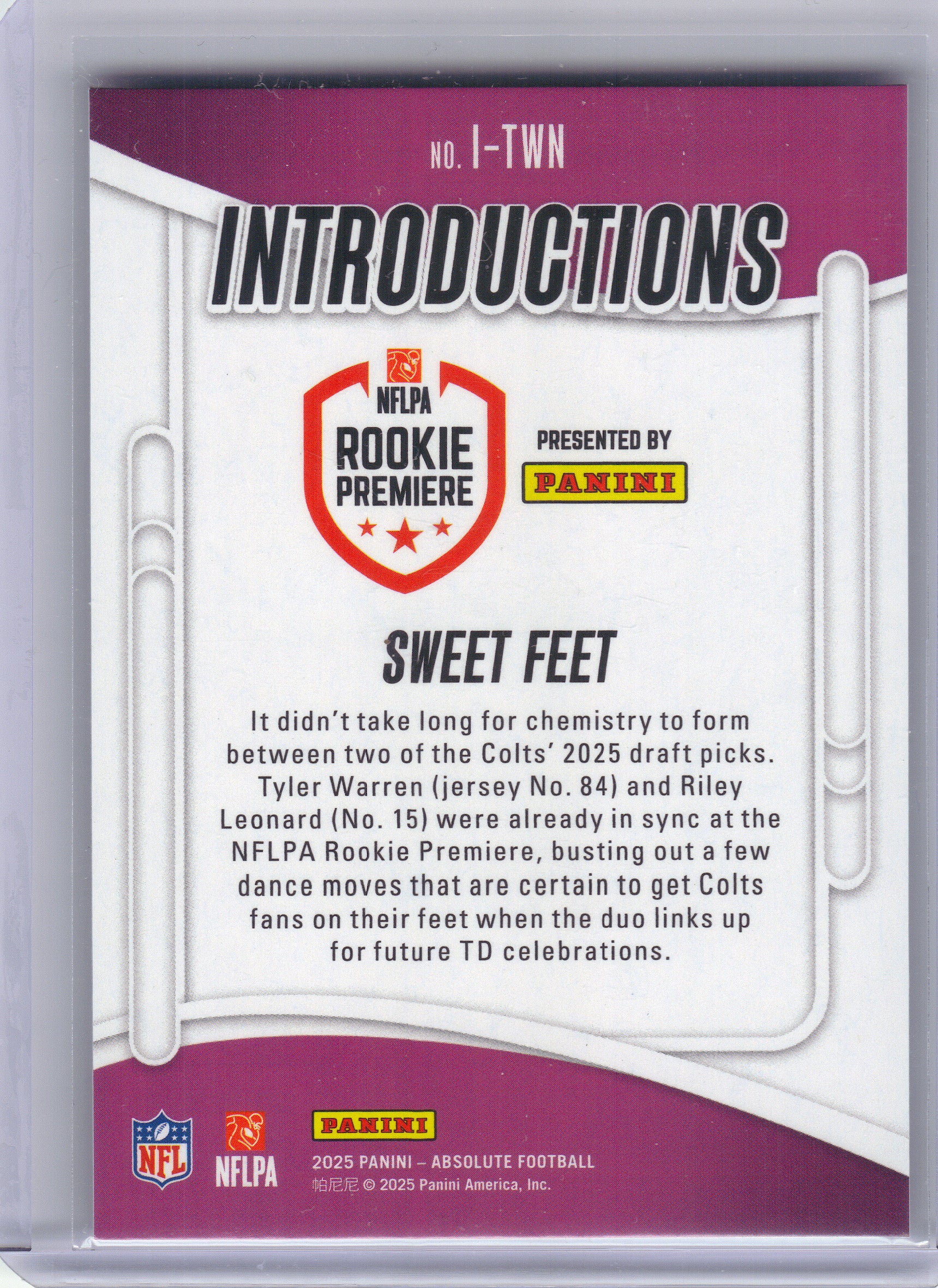 2025 Panini Absolute #I-TWN Sweet Feet Introductions Indianapolis Colts