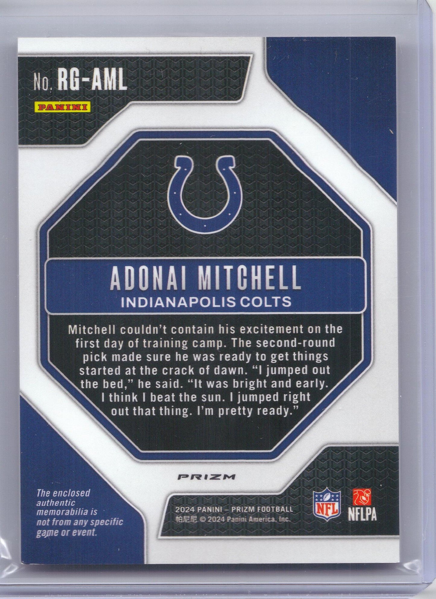 2024 Panini Prizm #RG-AML Adonai Mitchell Rookie Gear Pink Indianapolis Colts MEM