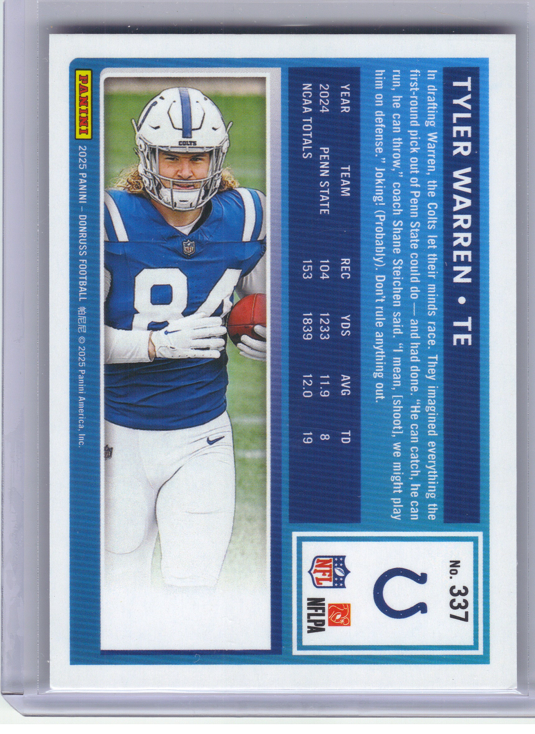 2025 Donruss #337 Tyler Warren Press Proofs Purple Indianapolis Colts RC