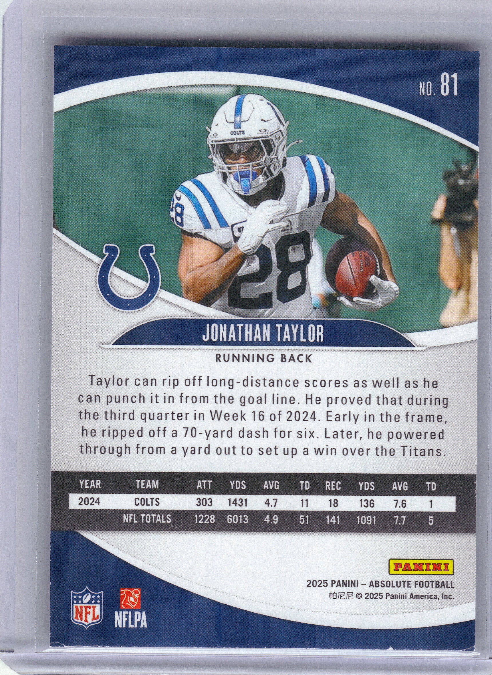 2025 Panini Absolute #81 Jonathan Taylor Retail Indianapolis Colts