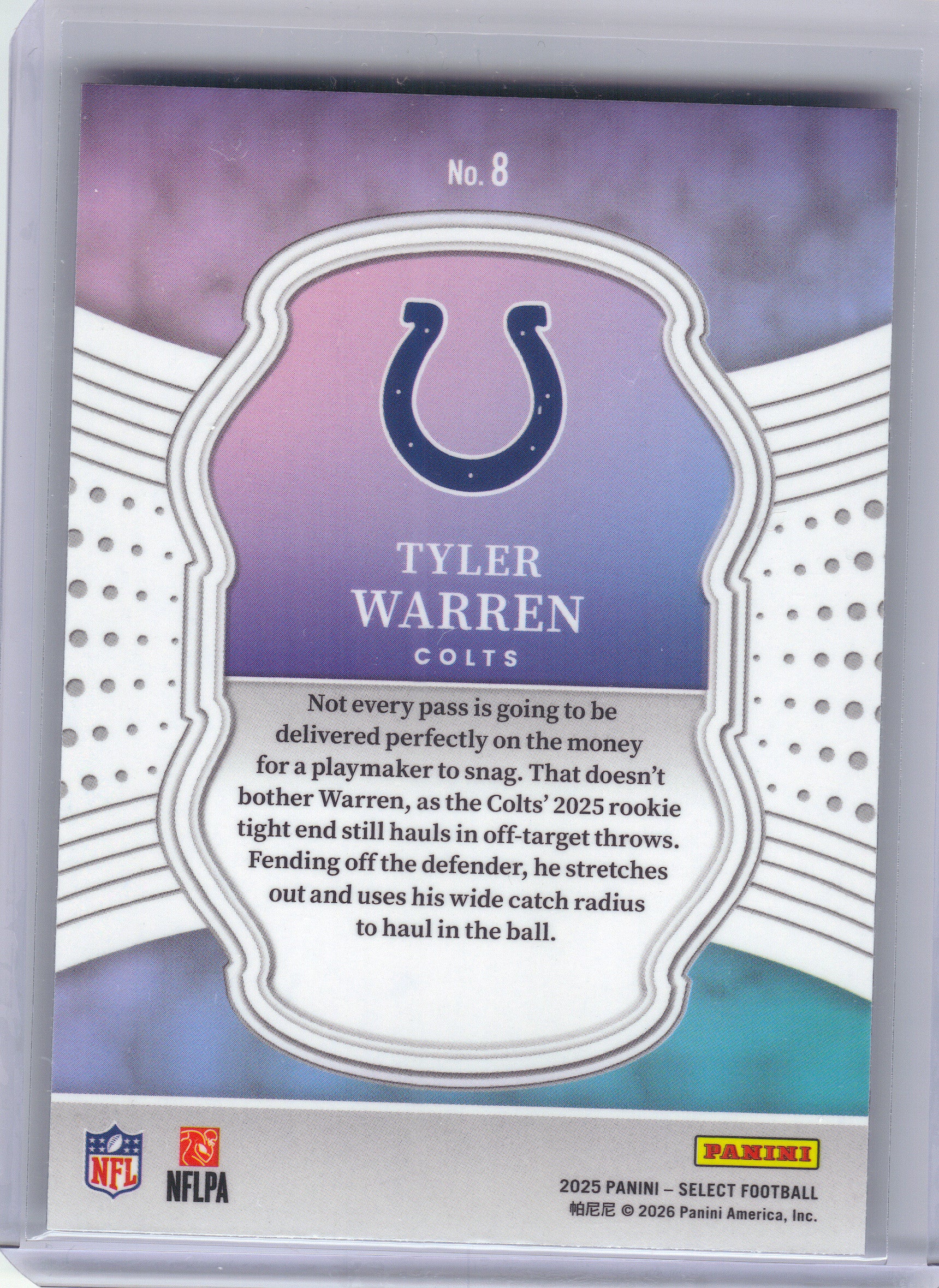 2025 Panini Select #8 Tyler Warren Select Certified Rookies Indianapolis Colts